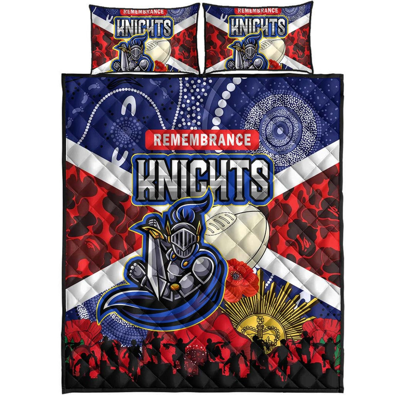 knights-rugby-anzac-aboriginal-quilt-bed-set-newcastle-knights-with-anzac-day-poppy-flower-quilt-bed-set