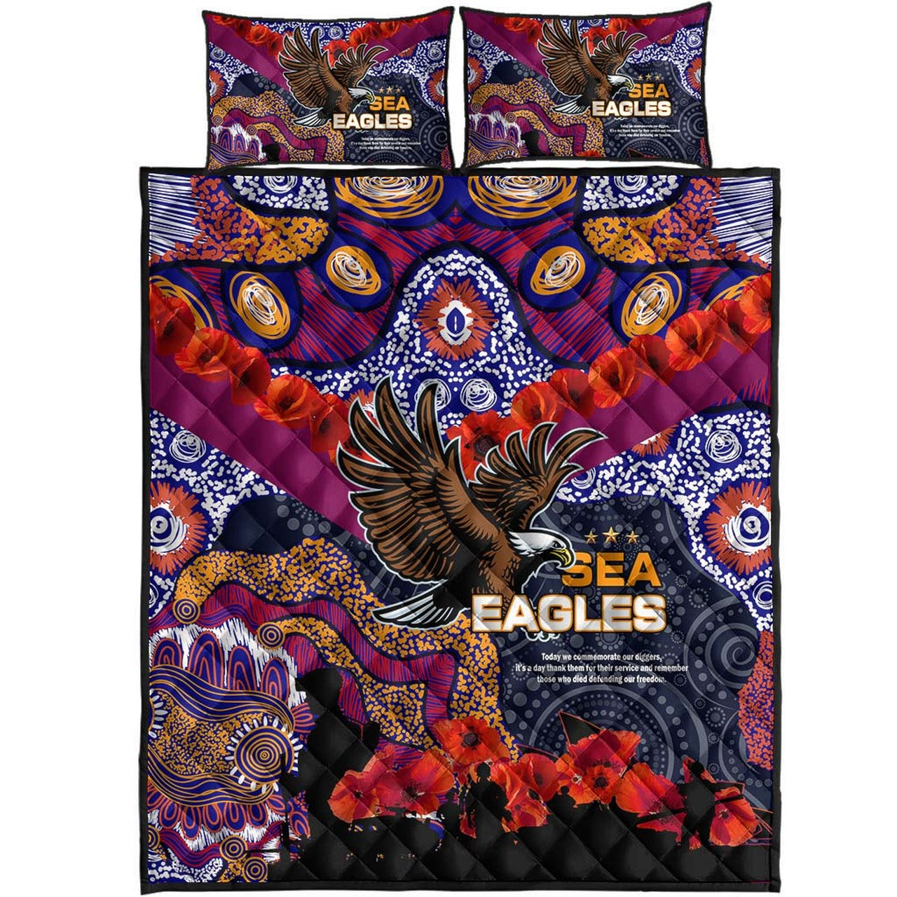 sea-eagles-rugby-anzac-aboriginal-quilt-bed-set-manly-warringah-sea-eagles-with-anzac-day-poppy-flower-quilt-bed-set