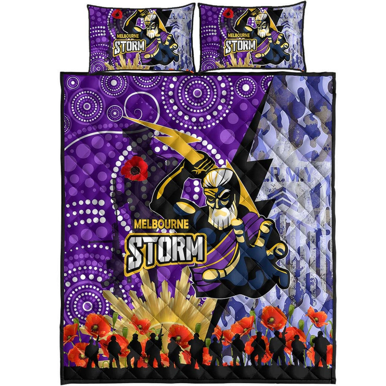 storm-rugby-anzac-aboriginal-quilt-bed-set-melbourne-storm-with-remembrance-day-poppy-flower-quilt-bed-set
