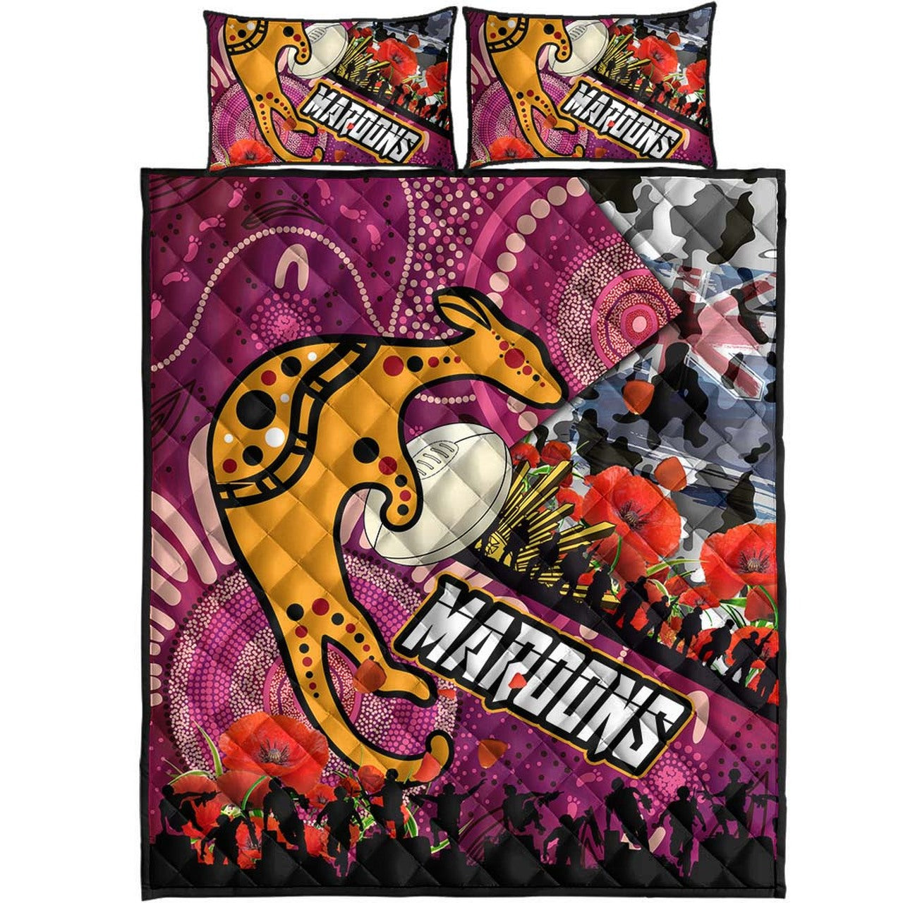 maroons-rugby-anzac-aboriginal-quilt-bed-set-maroons-aboriginal-pattern-with-anzac-day-poppy-flower-quilt-bed-set