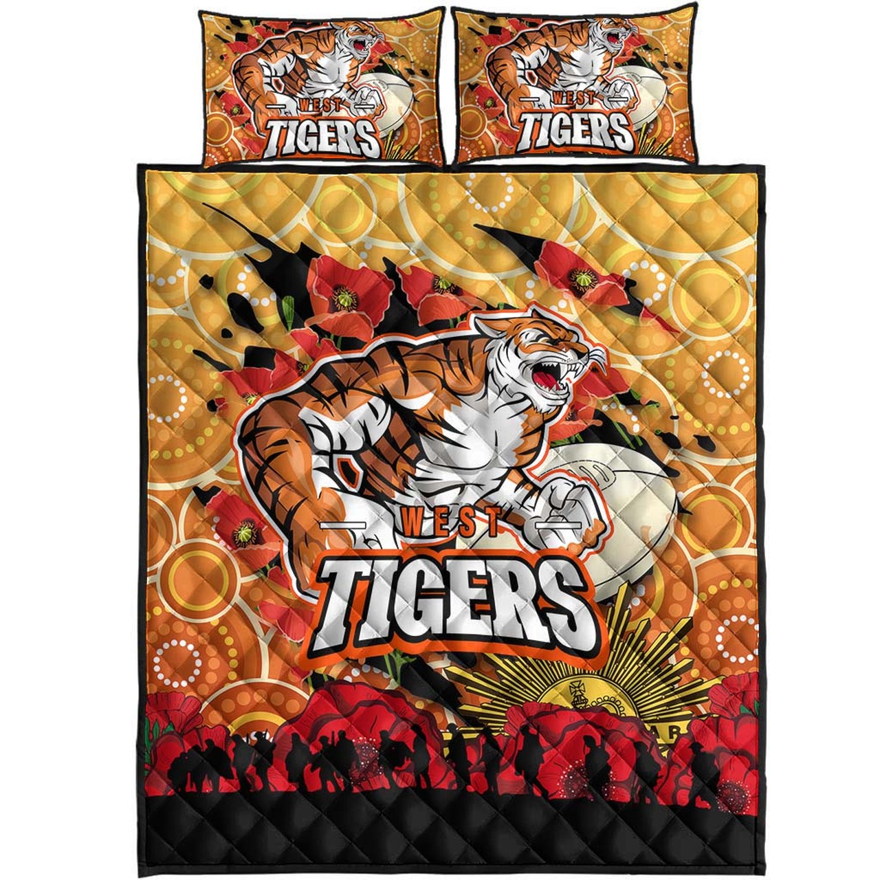 tigers-rugby-anzac-aboriginal-quilt-bed-set-tigers-rugby-with-remembrance-day-poppy-flower-quilt-bed-set