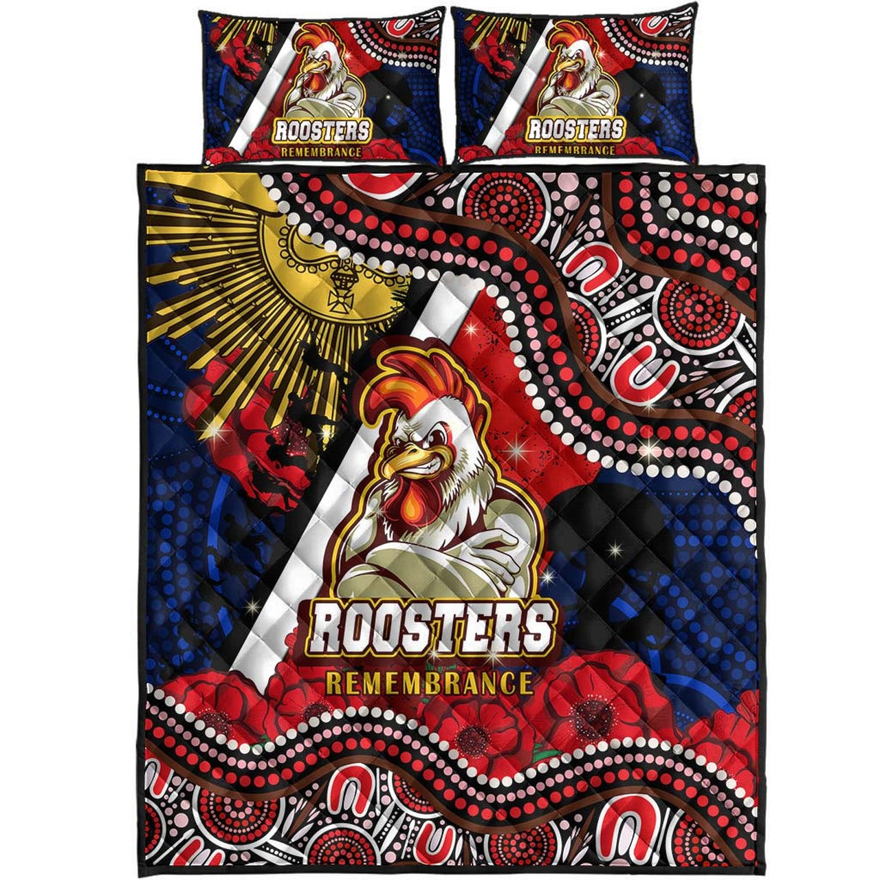 roosters-rugby-anzac-aboriginal-quilt-bed-set-sydney-roosters-with-remembrance-day-poppy-flower-quilt-bed-set