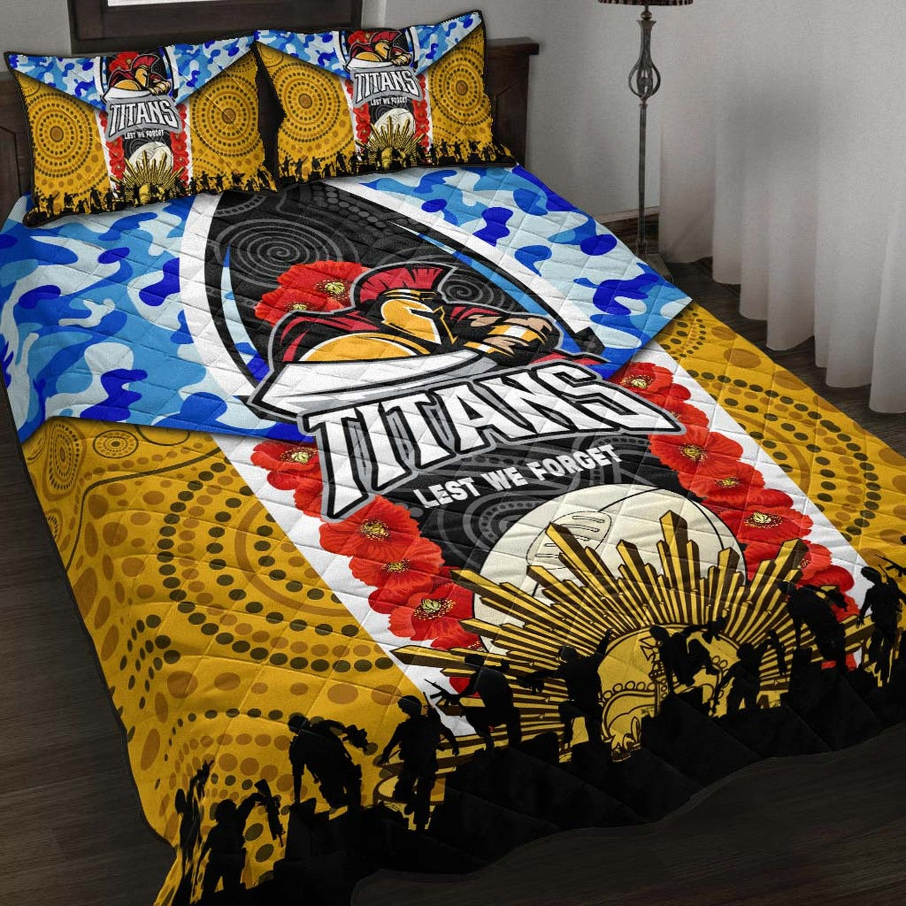titans-rugby-anzac-aboriginal-quilt-bed-set-titans-with-poppy-watercolor-flower-quilt-bed-set