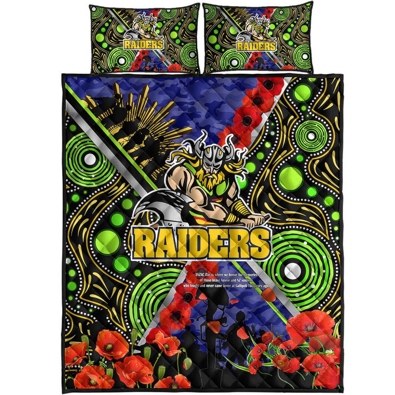 raiders-rugby-anzac-aboriginal-quilt-bed-set-canberra-raiders-with-anzac-day-poppy-flower-quilt-bed-set