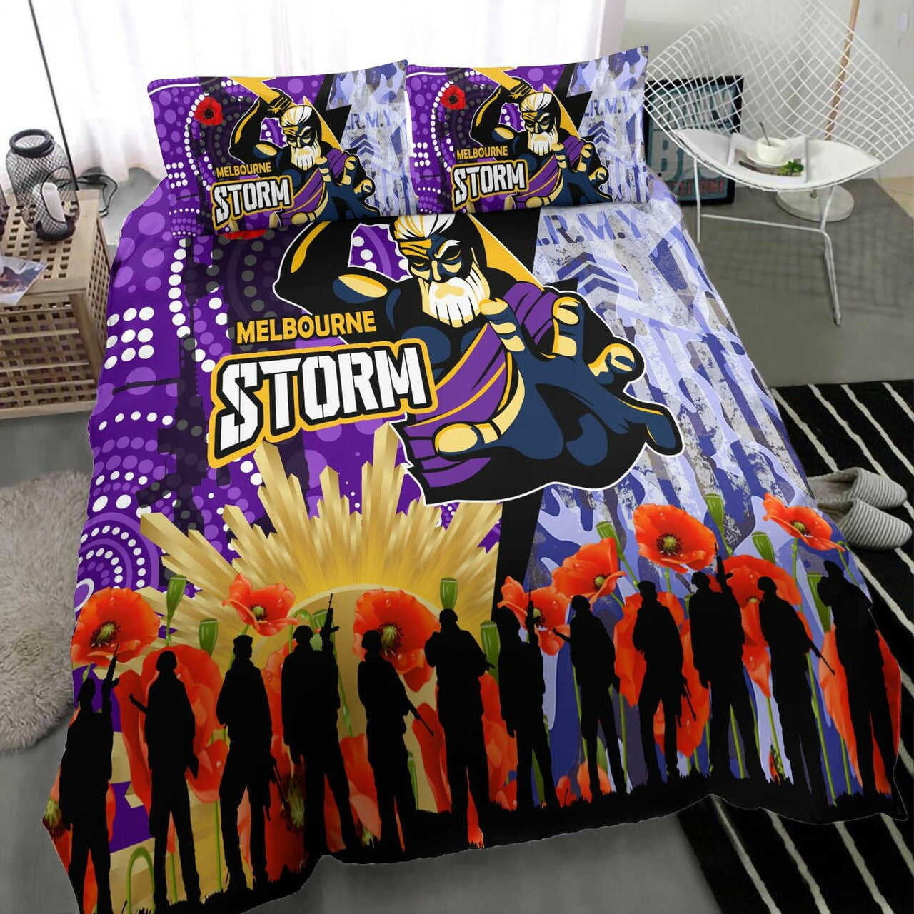 storm-rugby-anzac-aboriginal-bedding-set-melbourne-storm-with-remembrance-day-poppy-flower-bedding-set