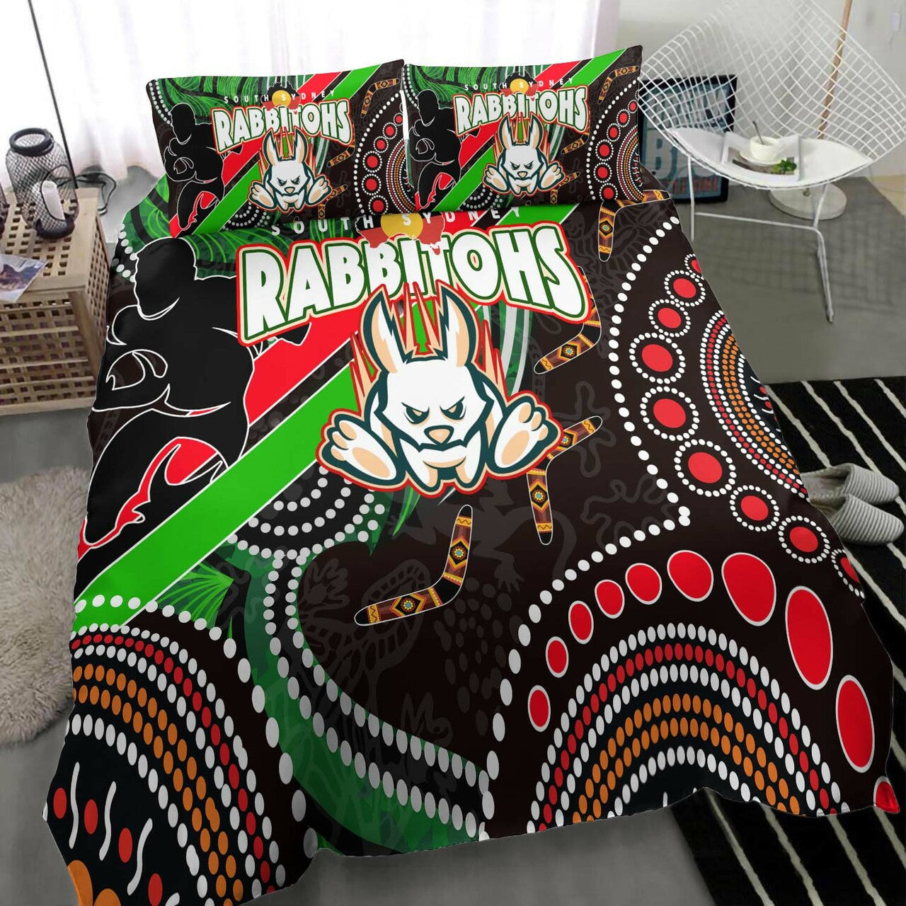rabbitohs-rugby-anzac-aboriginal-bedding-set-rabbitohs-remembrance-day-with-poppy-flower-bedding-set