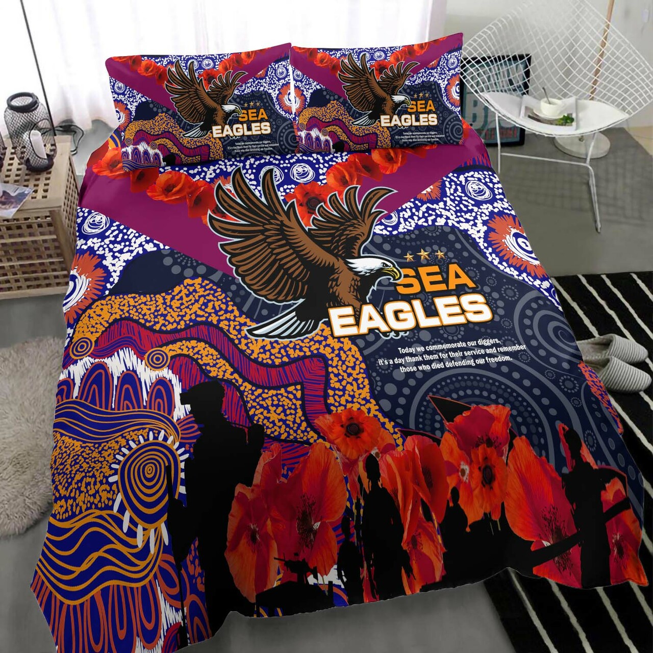 sea-eagles-rugby-anzac-aboriginal-bedding-set-manly-warringah-sea-eagles-with-anzac-day-poppy-flower-bedding-set