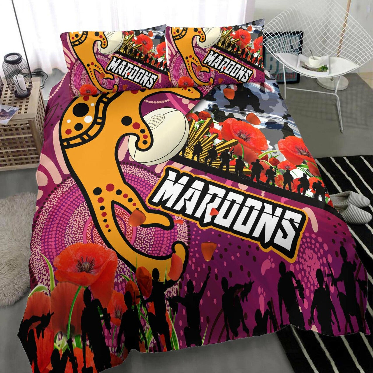 maroons-rugby-anzac-aboriginal-bedding-set-maroons-aboriginal-pattern-with-anzac-day-poppy-flower-bedding-set