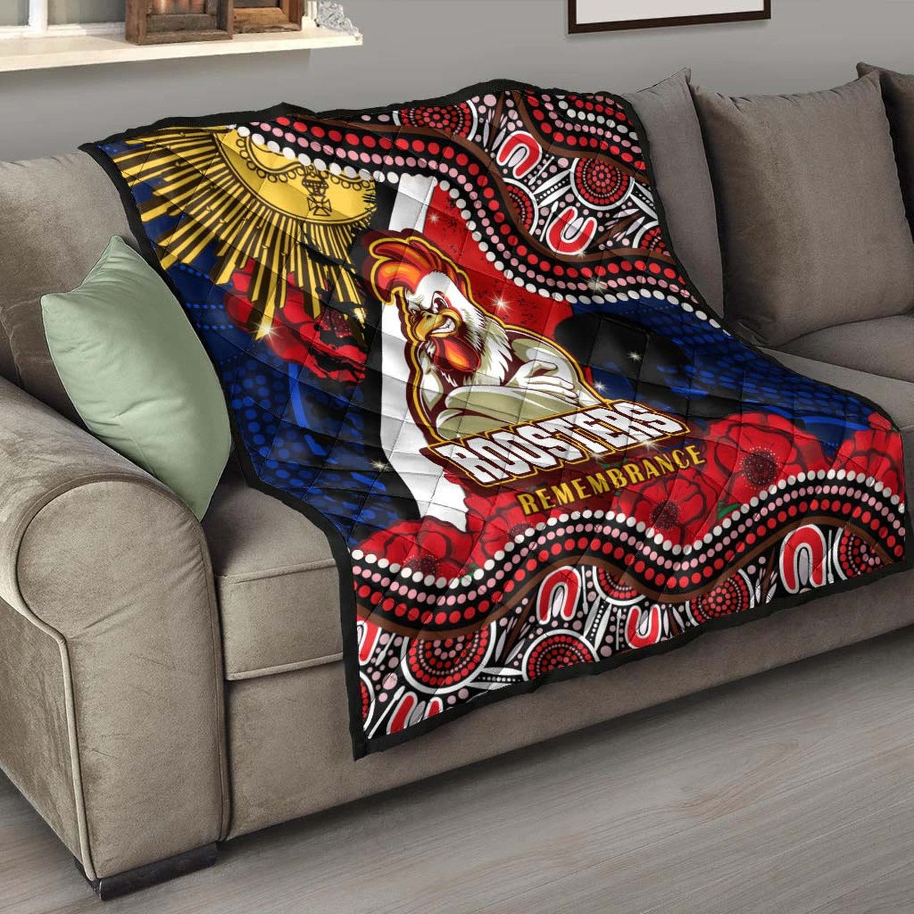 roosters-rugby-anzac-aboriginal-quilt-sydney-roosters-with-remembrance-day-poppy-flower-quilt