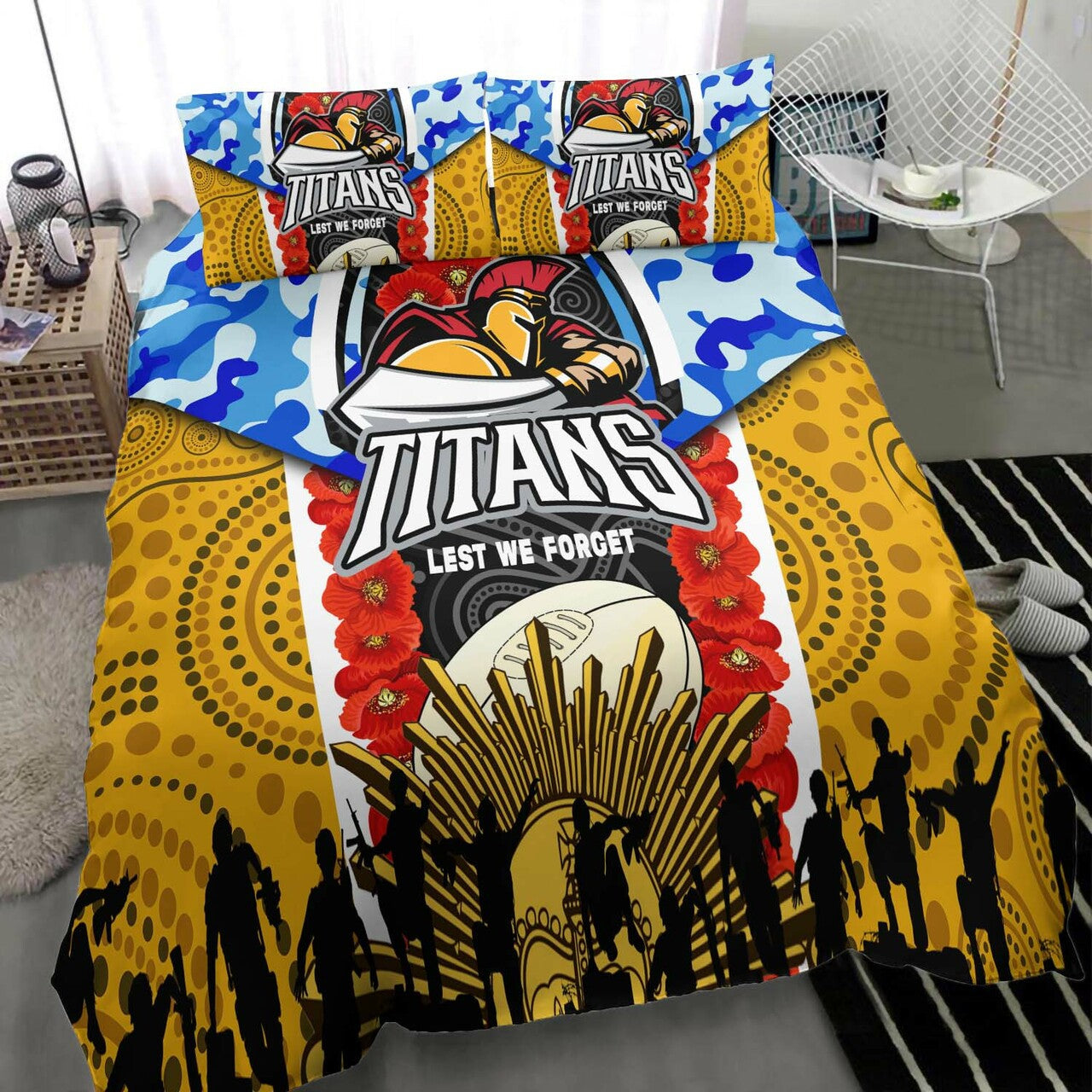 titans-rugby-anzac-aboriginal-bedding-set-titans-with-poppy-watercolor-flower-bedding-set
