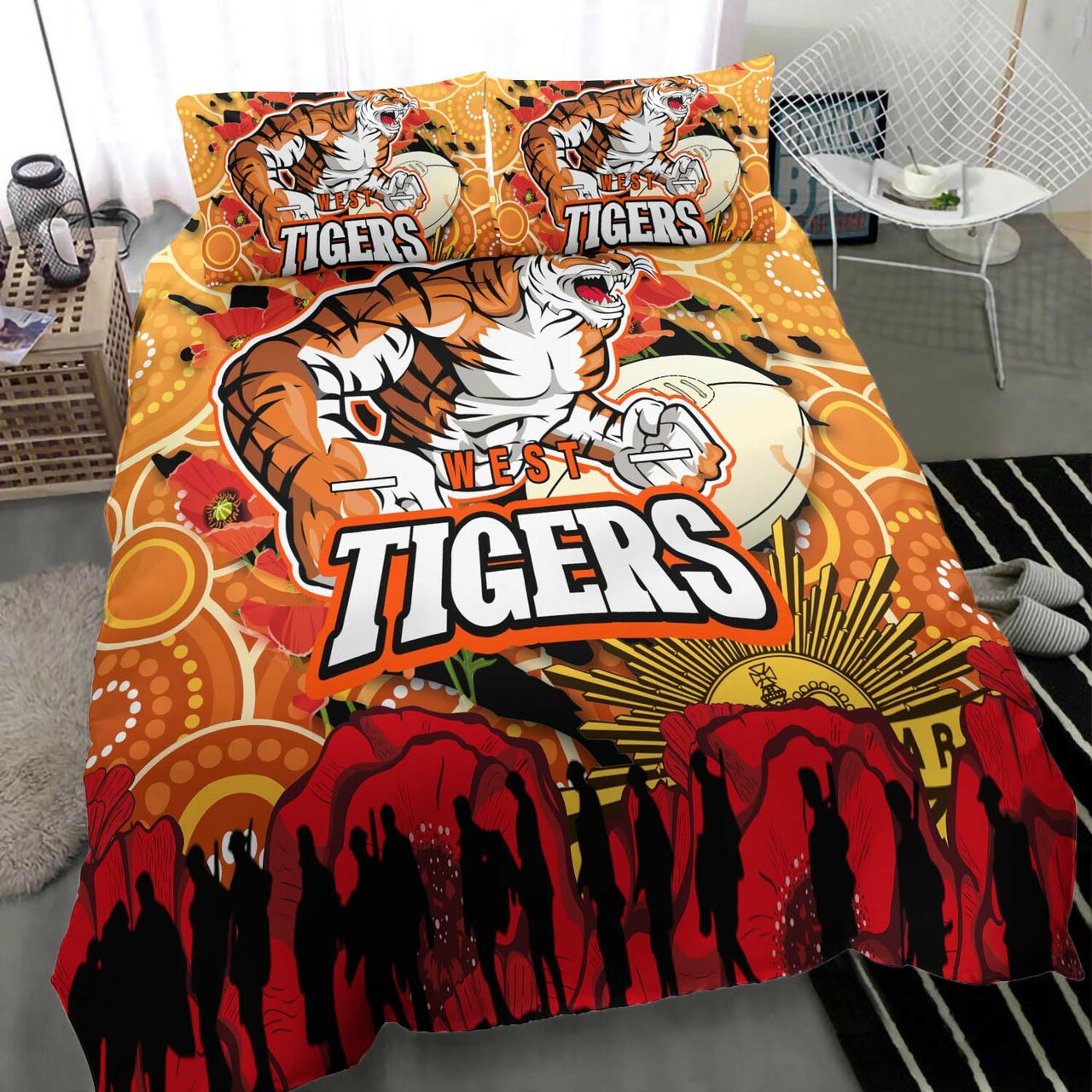 tigers-rugby-anzac-aboriginal-bedding-set-tigers-rugby-with-remembrance-day-poppy-flower-bedding-set