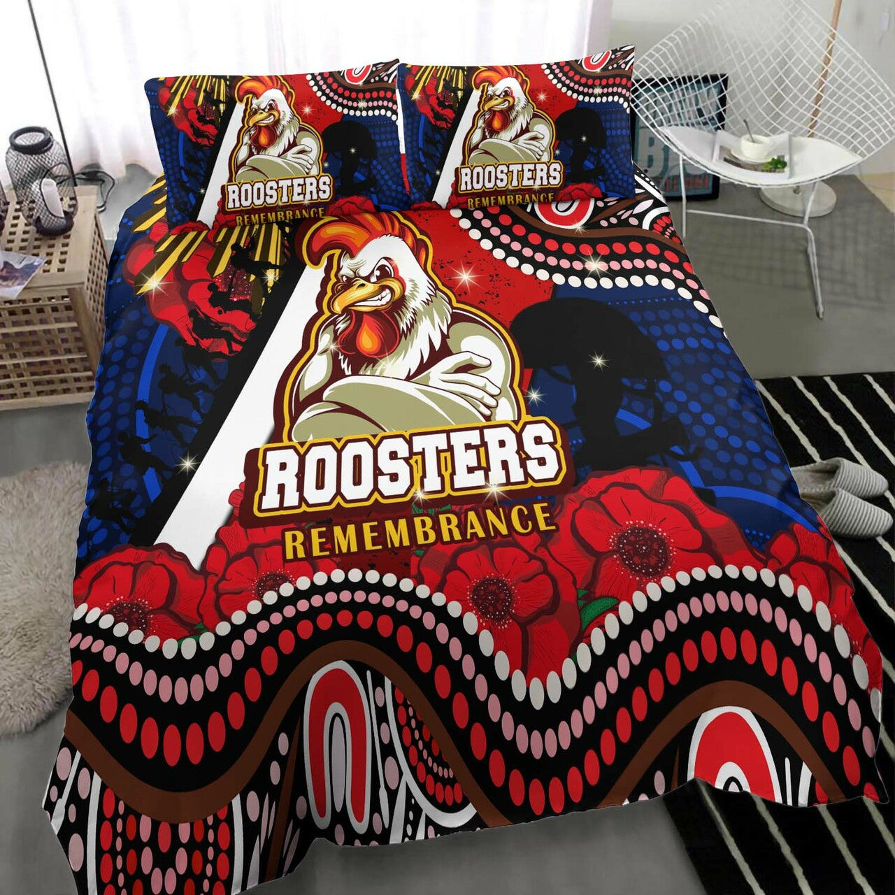 roosters-rugby-anzac-aboriginal-bedding-set-sydney-roosters-with-remembrance-day-poppy-flower-bedding-set