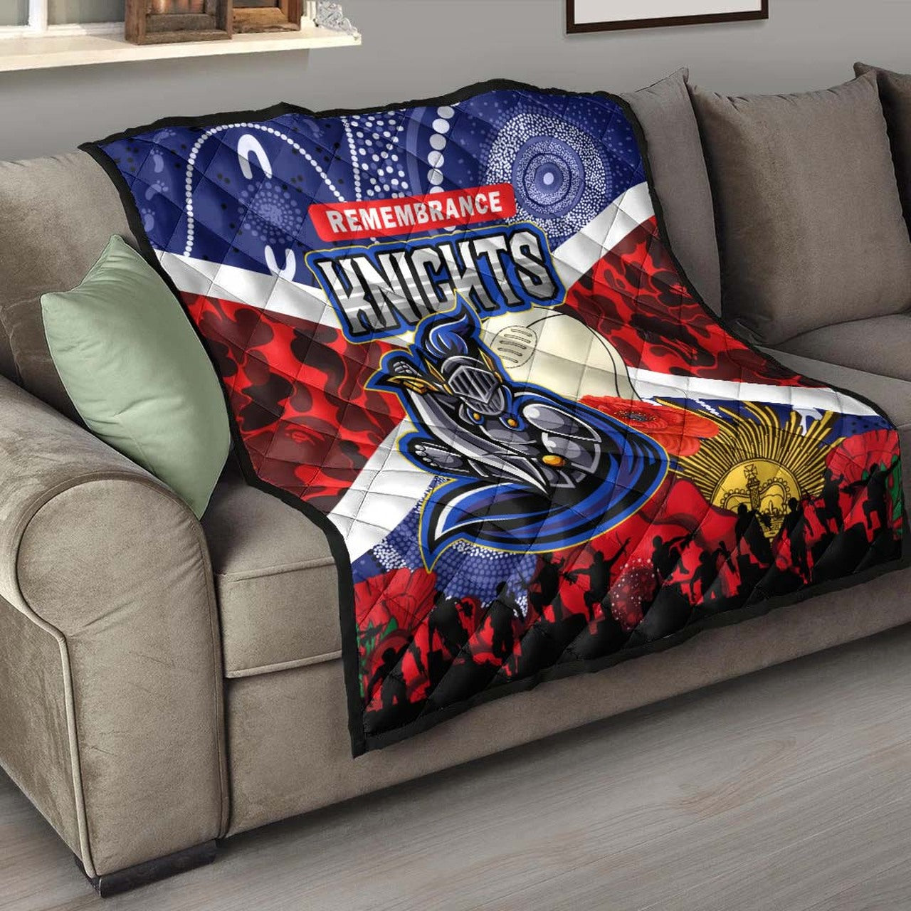 knights-rugby-anzac-aboriginal-quilt-newcastle-knights-with-anzac-day-poppy-flower-quilt