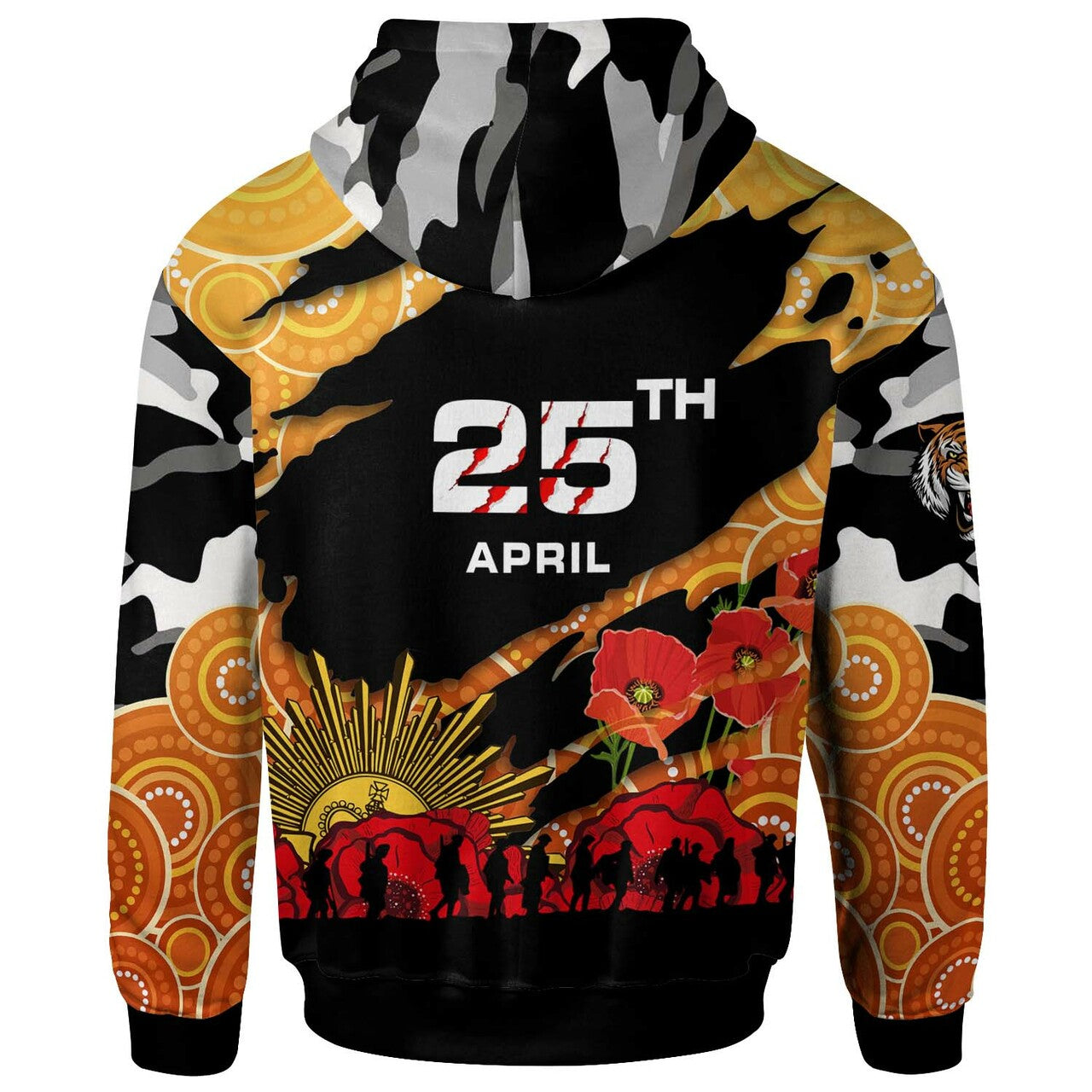 tigers-rugby-hoodie-custom-anzac-wests-tigers-aboriginal-with-poppy-flower-hoodie