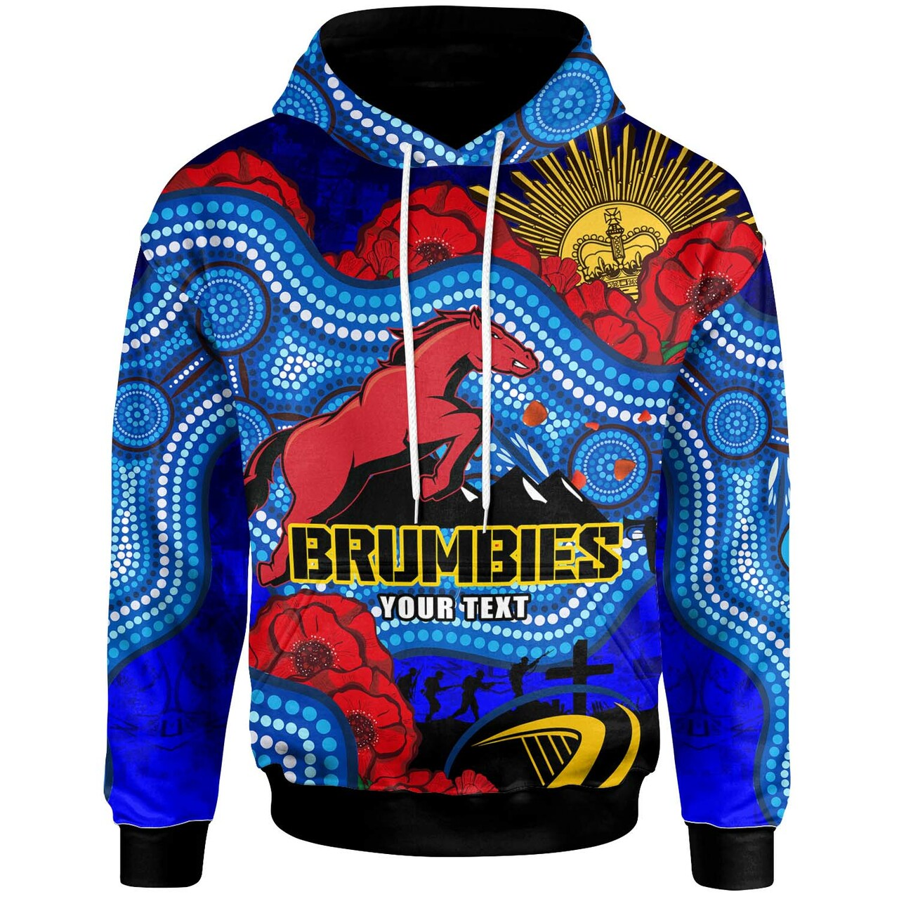 brumbies-rugby-hoodie-custom-anzac-day-brumbies-aboriginal-pattern-with-horse-and-poppy-flower