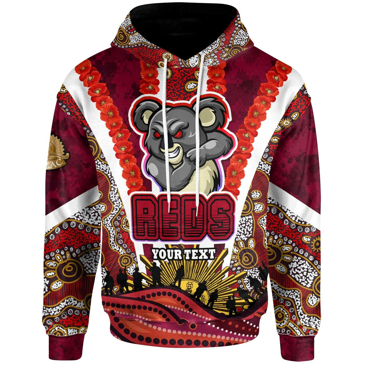 reds-rugby-hoodie-custom-anzac-day-queensland-reds-aboriginal-poppy-with-koala-hoodie