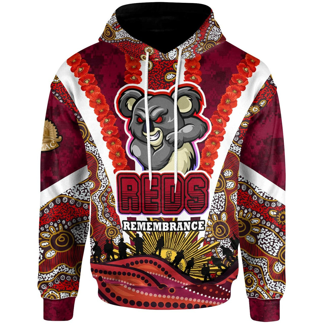 reds-rugby-hoodie-custom-anzac-day-queensland-reds-aboriginal-poppy-with-koala-hoodie