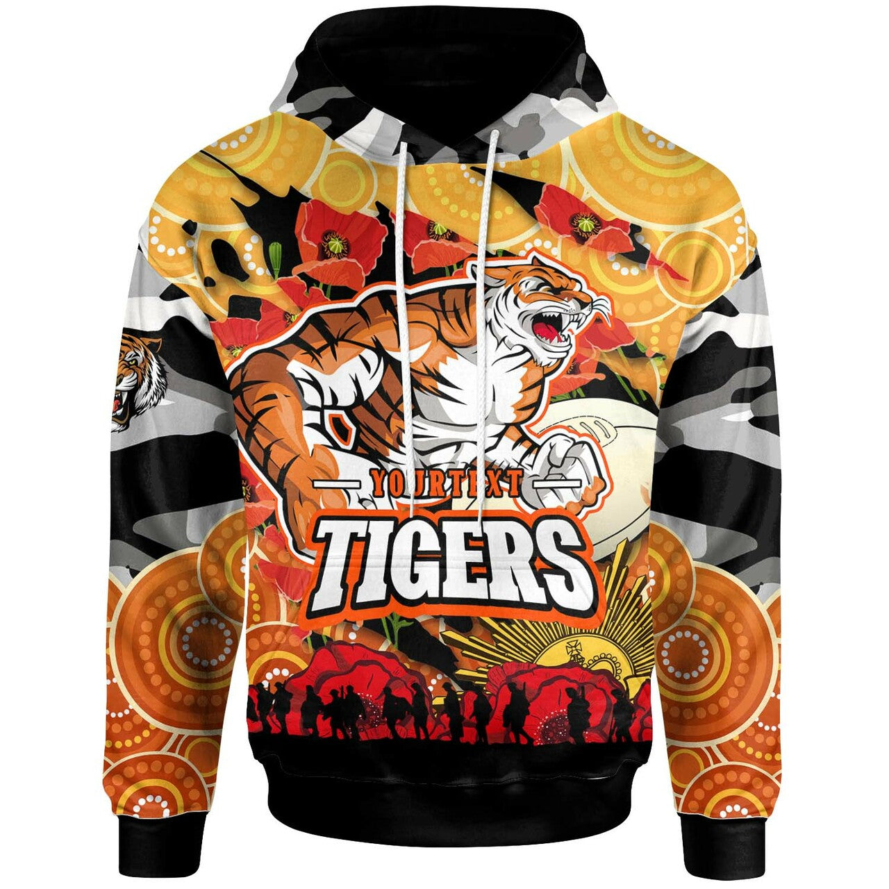tigers-rugby-hoodie-custom-anzac-wests-tigers-aboriginal-with-poppy-flower-hoodie