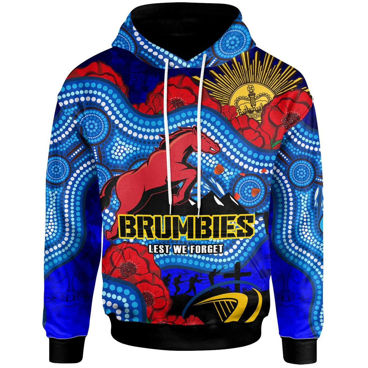 brumbies-rugby-hoodie-custom-anzac-day-brumbies-aboriginal-pattern-with-horse-and-poppy-flower