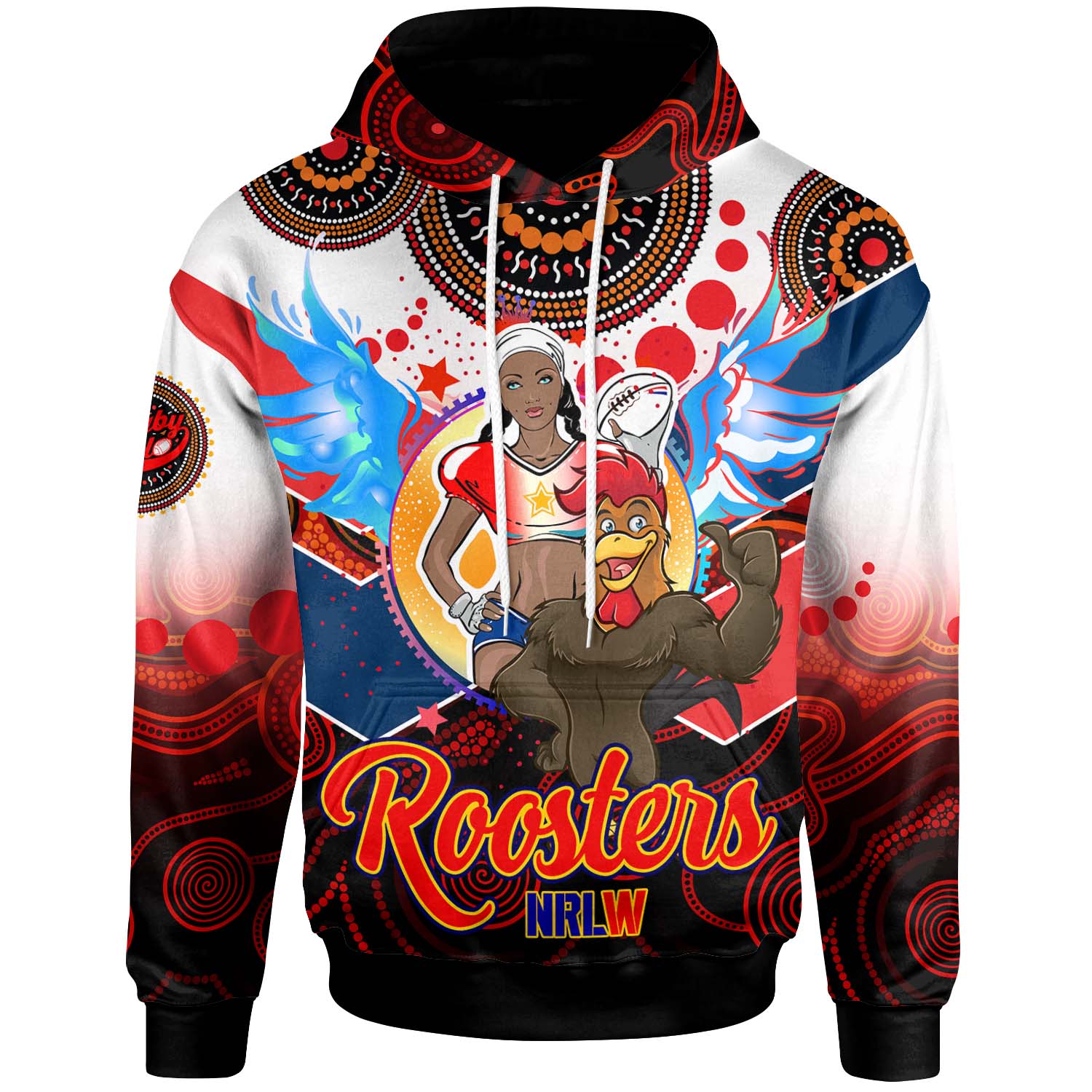 nrlw-roosters-rugby-hoodie-custom-womens-rugby-league-with-aboriginal-dot-painting-style-player-and-number-hoodie