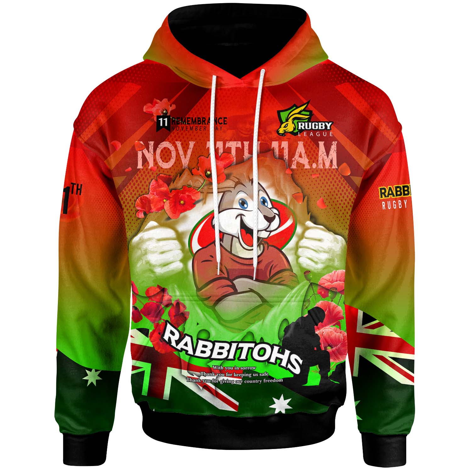 rabbitohs-rugby-hoodie-custom-rabbitohs-remembrance-day-lest-we-forget-poppies-hoodie