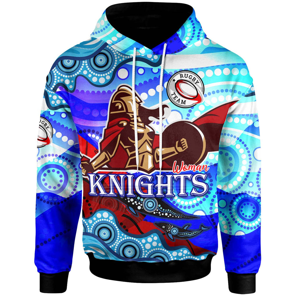 nrlw-knights-rugby-hoodie-custom-woman-knights-with-aboriginal-dot-painting-style-player-and-number-woman-hoodie