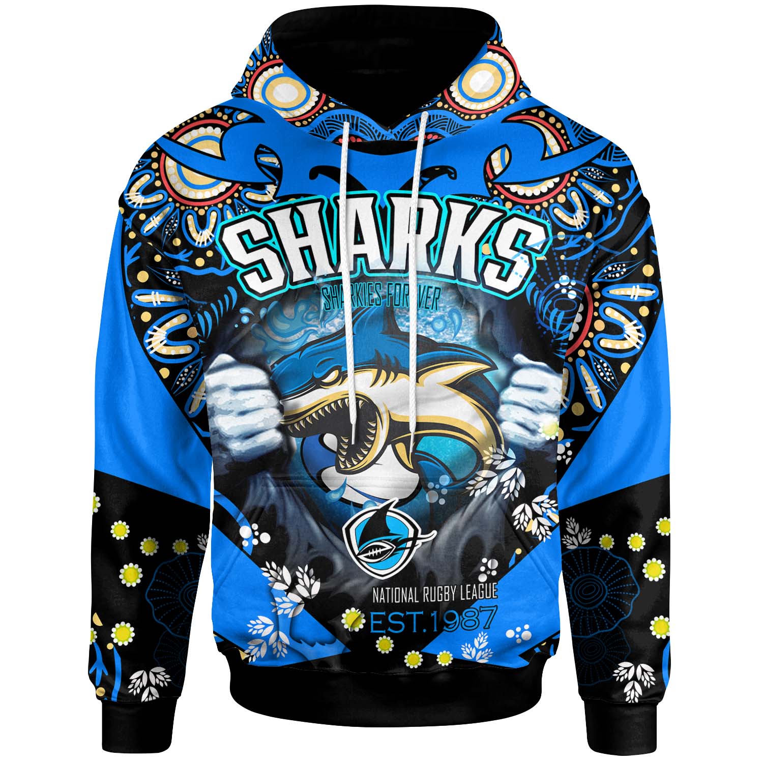 sharks-rugby-hoodie-custom-personalised-sharkies-forever-with-aboriginal-culture-league-rugby-team-hoodie
