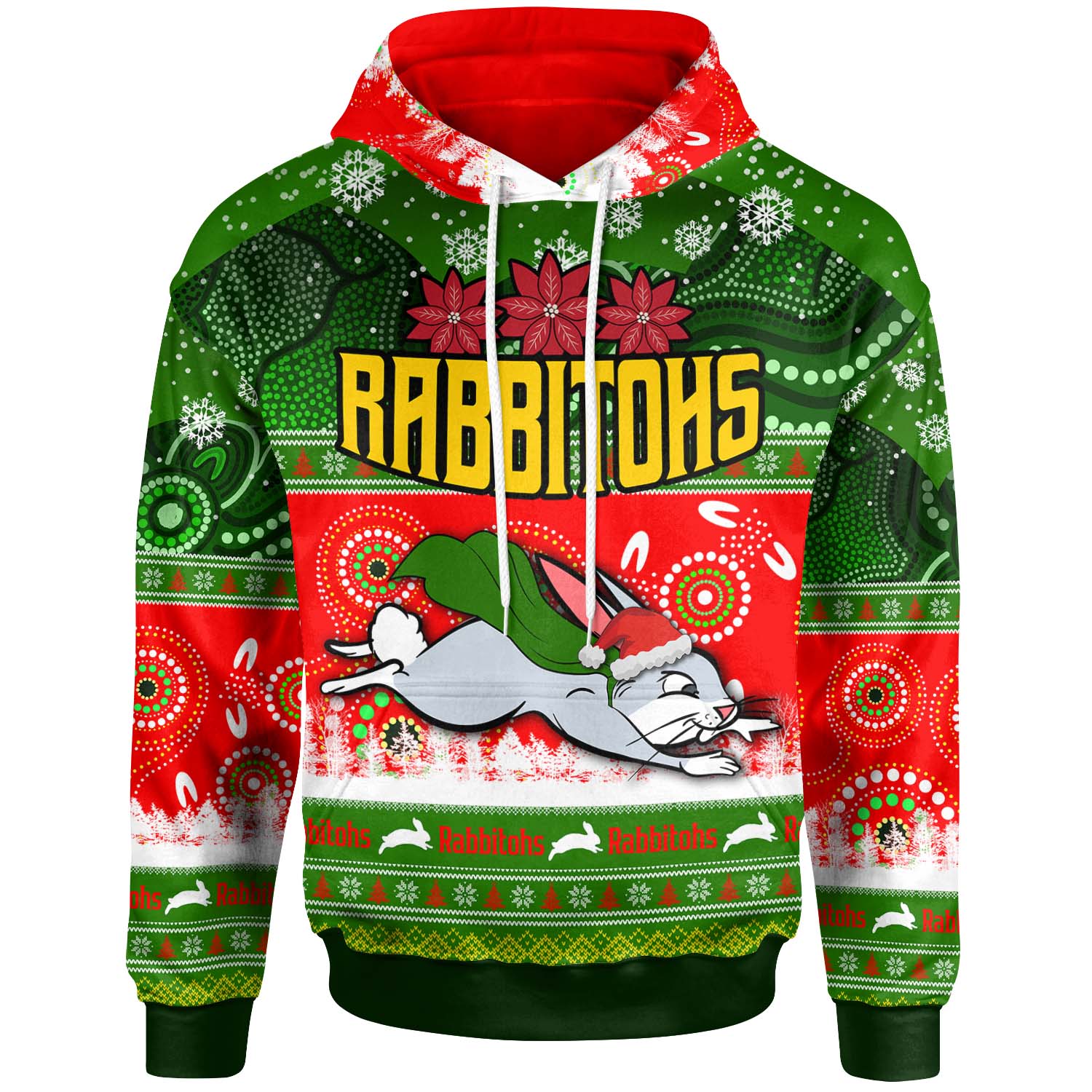 rabbitohs-rugby-christmas-hoodie-custom-rabbitohs-ugly-christmas-and-aboriginal-patterns-hoodie