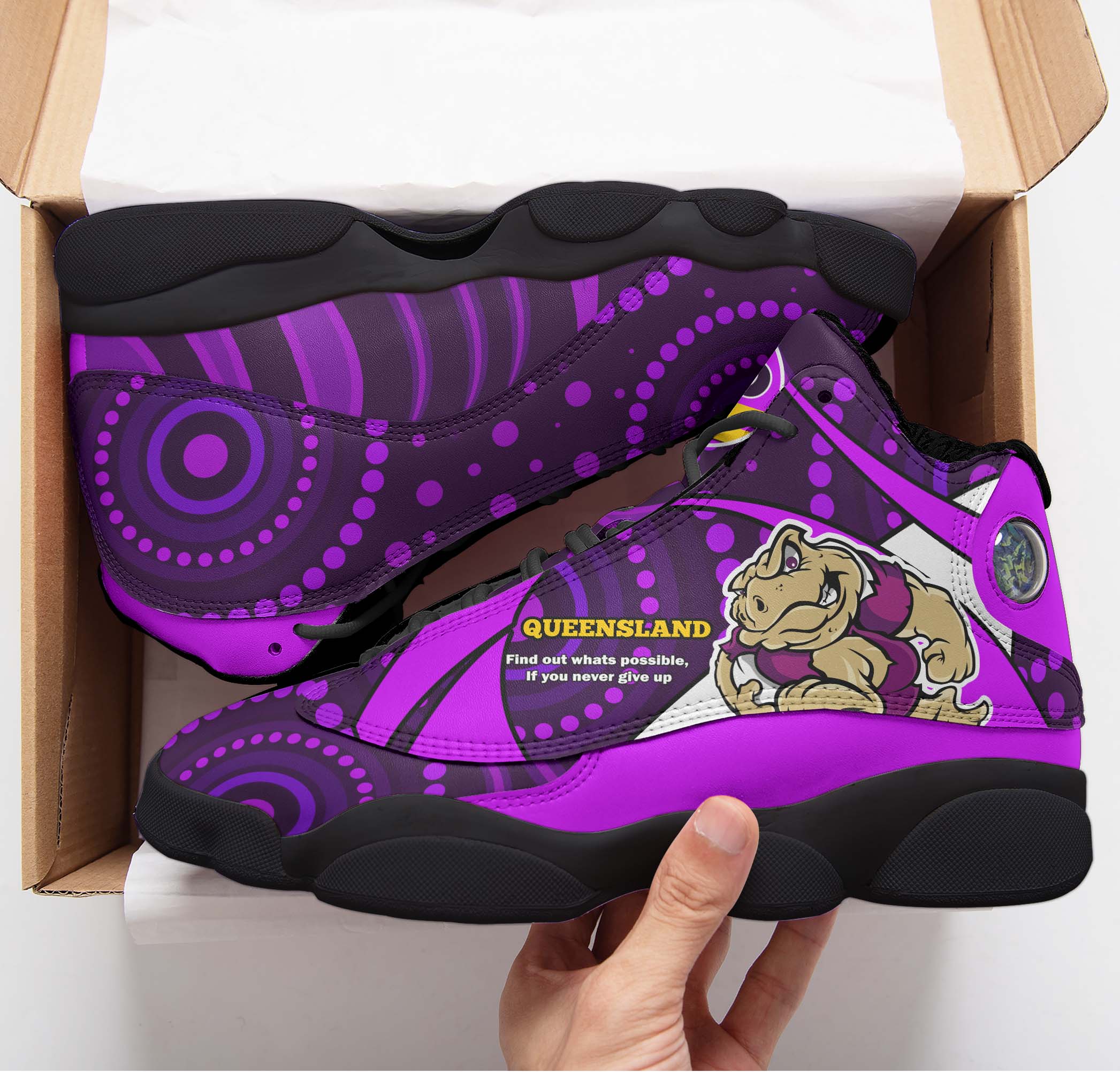 queensland-rugby-league-high-top-basketball-shoes-j13-queensland-maroons-mascot-with-aboriginal-art-state-of-origin