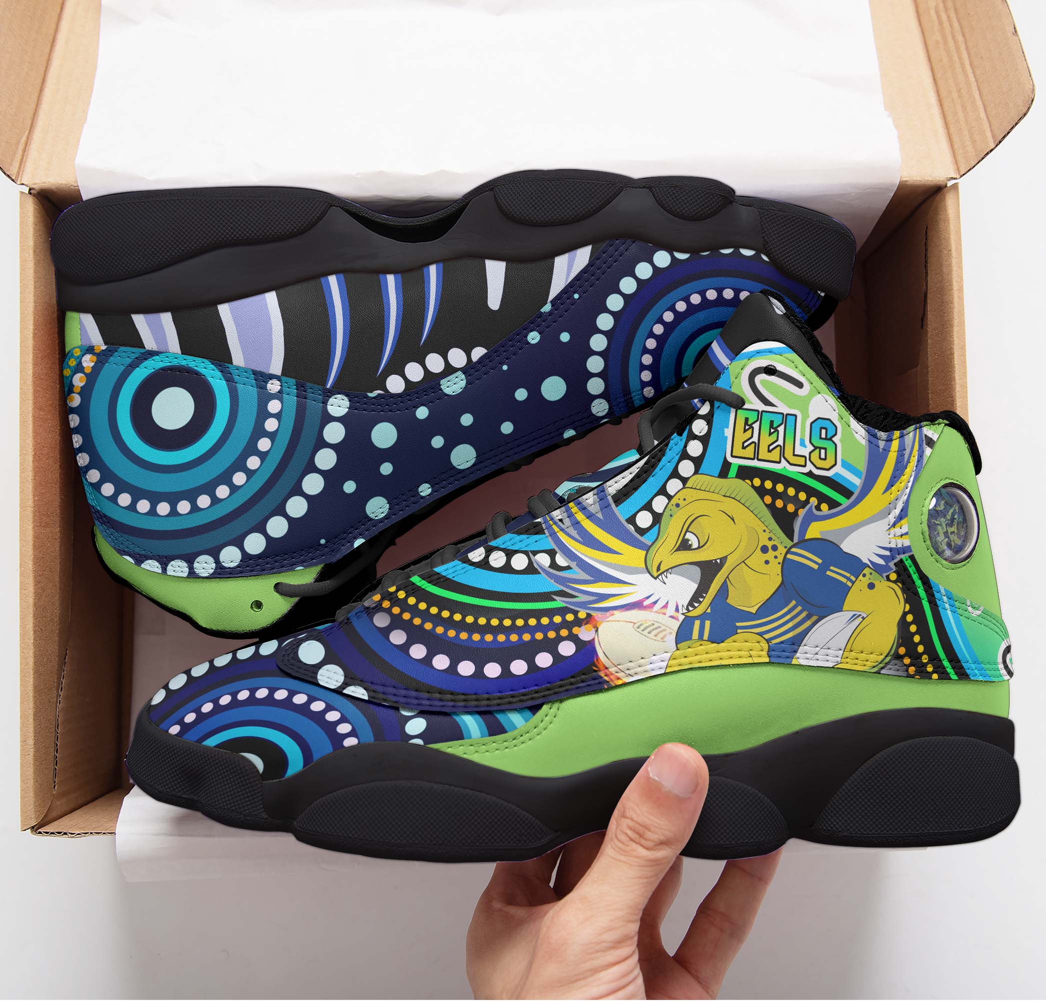 eels-rugby-high-top-basketball-shoes-j13-eels-rugby-with-aboriginal-pattern-indigenous-sneakers-j13