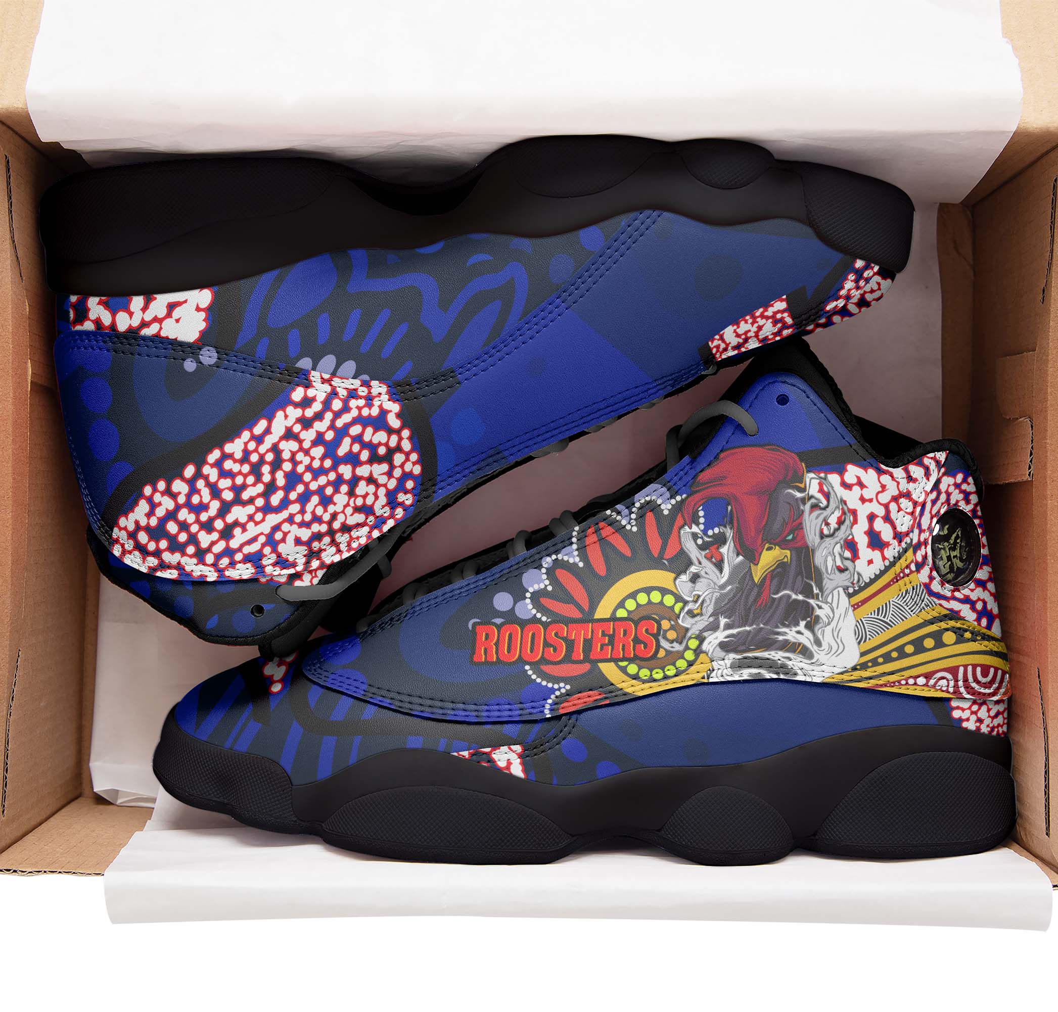 rooster-rugby-high-top-basketball-shoes-j13-angry-rooster-rugby-with-aboriginal-indigenous-dot-painting-style-sneakers