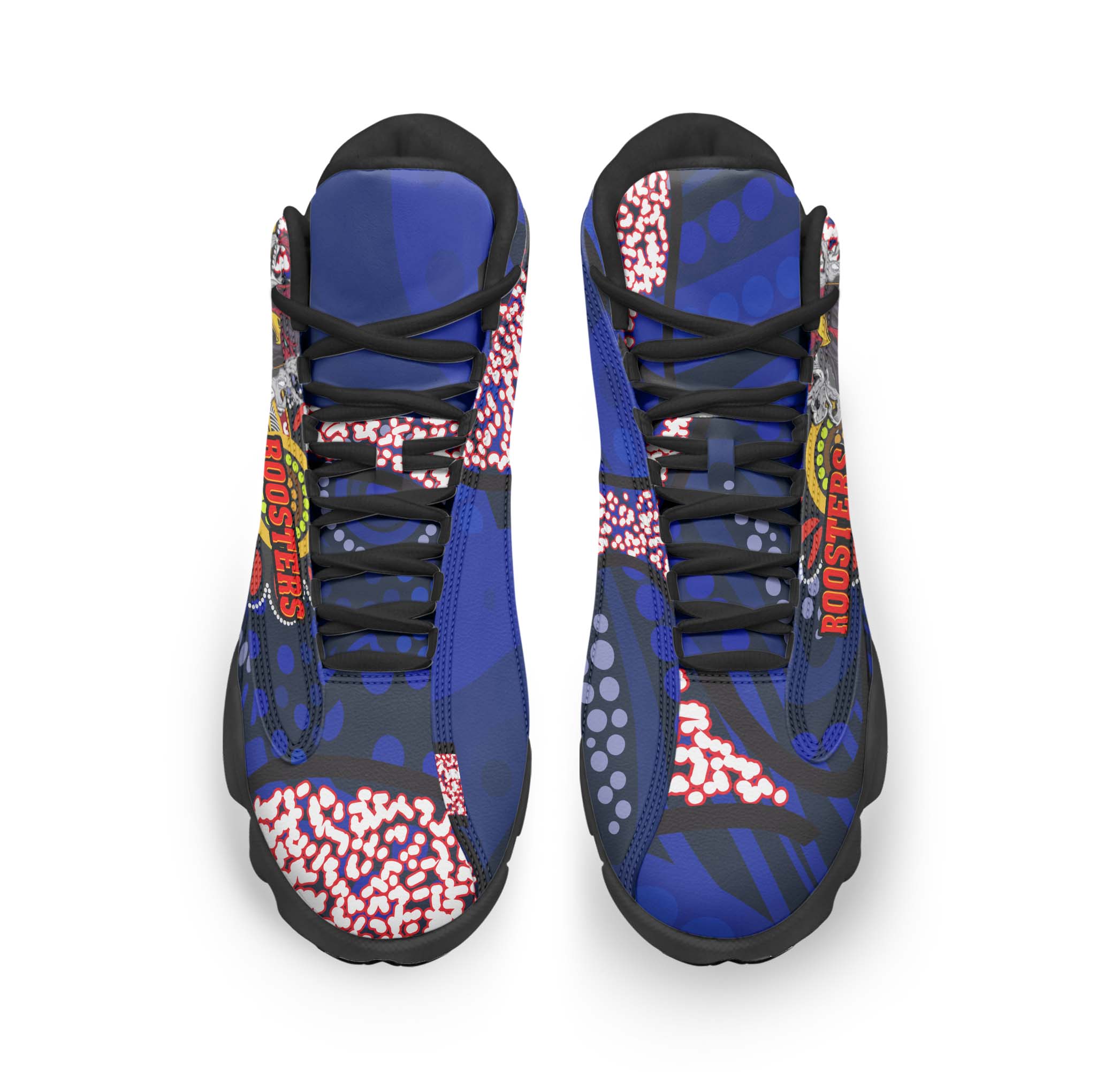 rooster-rugby-high-top-basketball-shoes-j13-angry-rooster-rugby-with-aboriginal-indigenous-dot-painting-style-sneakers