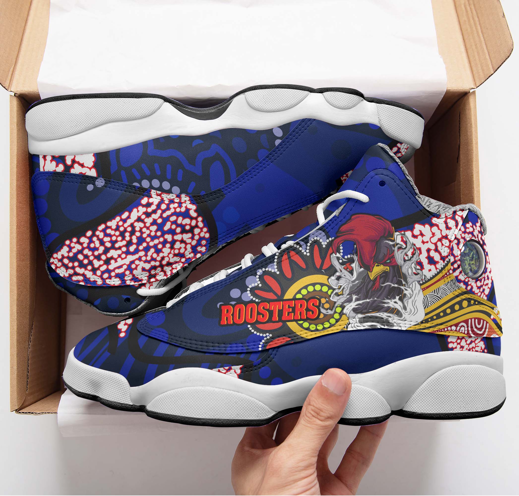 rooster-rugby-high-top-basketball-shoes-j13-angry-rooster-rugby-with-aboriginal-indigenous-dot-painting-style-sneakers