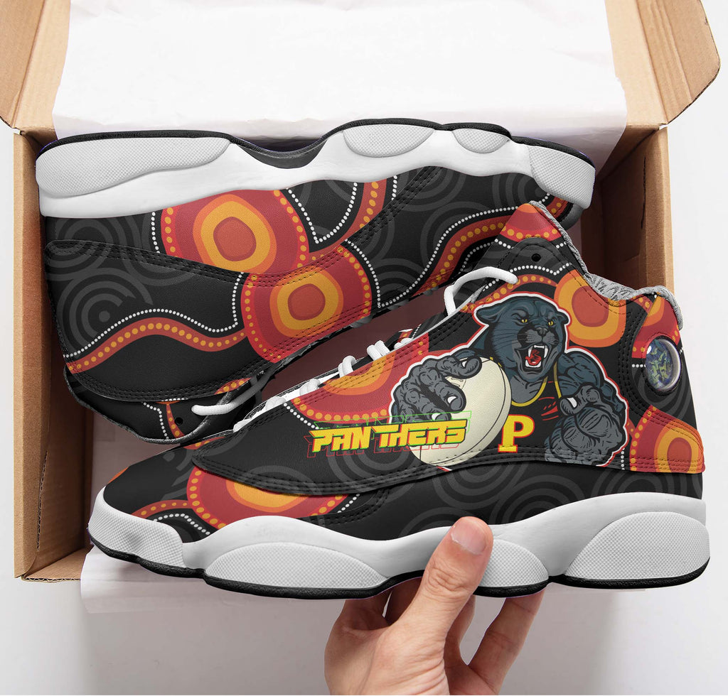panthers-rugby-high-top-basketball-shoes-j13-panthers-aboriginal-with-rugby-ball-indigenous-style-of-dot-painting-traditional-sneakers