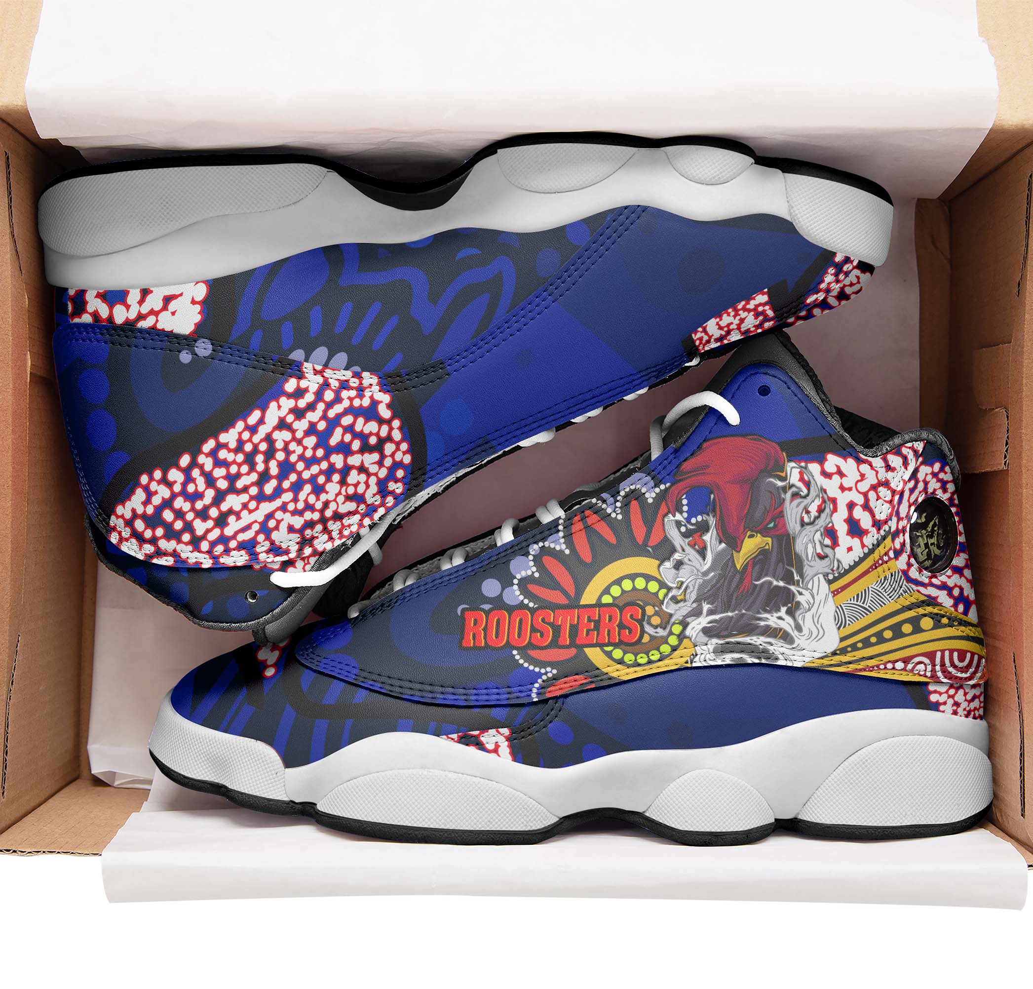 rooster-rugby-high-top-basketball-shoes-j13-angry-rooster-rugby-with-aboriginal-indigenous-dot-painting-style-sneakers