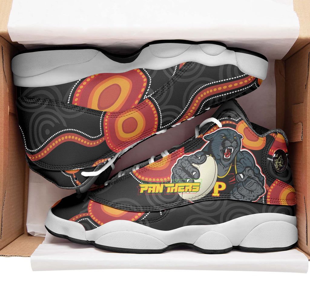 panthers-rugby-high-top-basketball-shoes-j13-panthers-aboriginal-with-rugby-ball-indigenous-style-of-dot-painting-traditional-sneakers