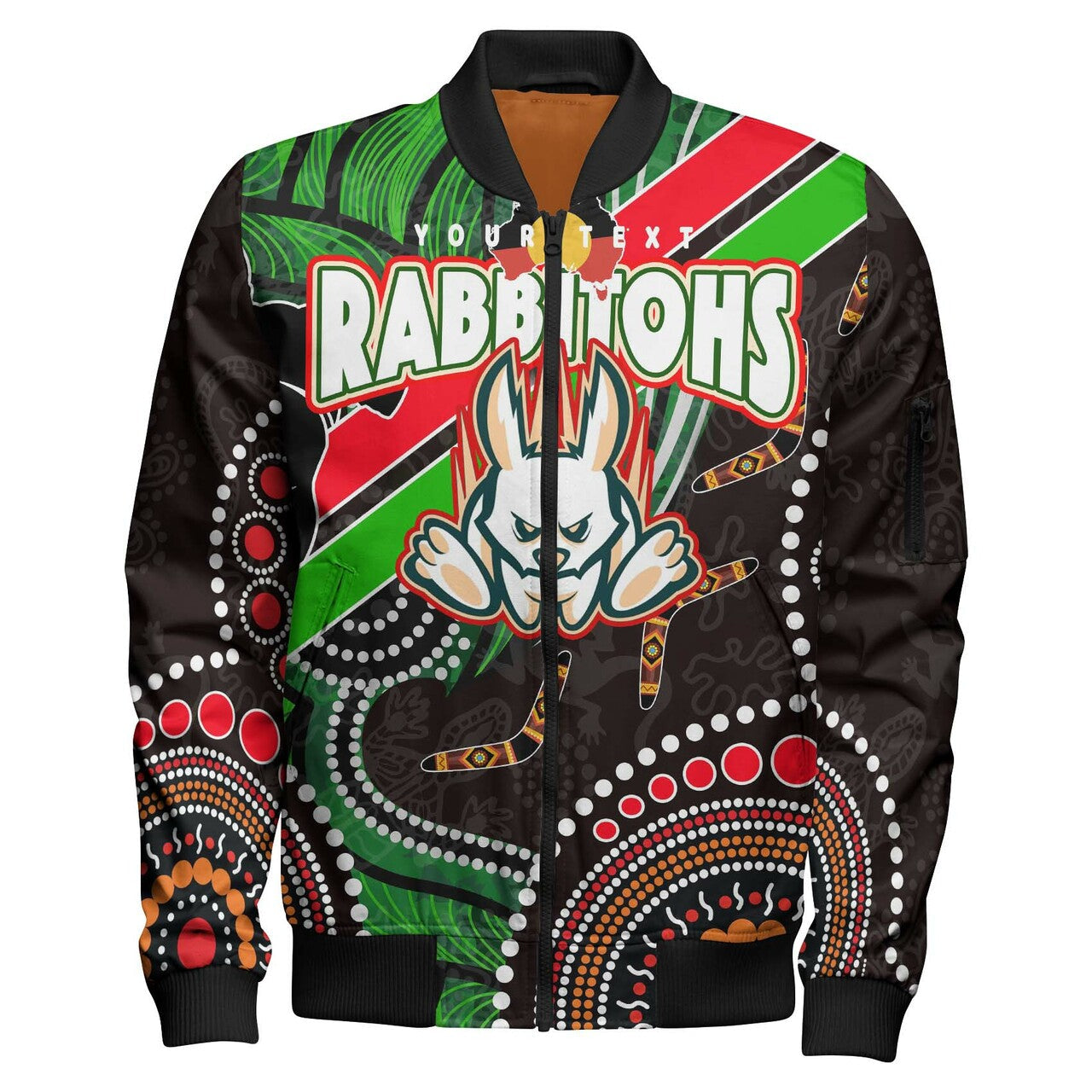 rabbitohs-rugby-anzac-aboriginal-bomber-jacket-rabbitohs-remembrance-day-with-poppy-flower-bomber-jacket