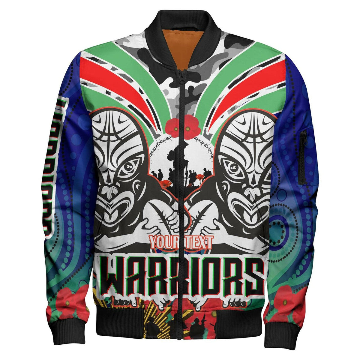 warrior-rugby-anzac-aboriginal-bomber-jacket-custom-new-zealand-warriors-anzac-day-with-maori-mask-bomber-jacket