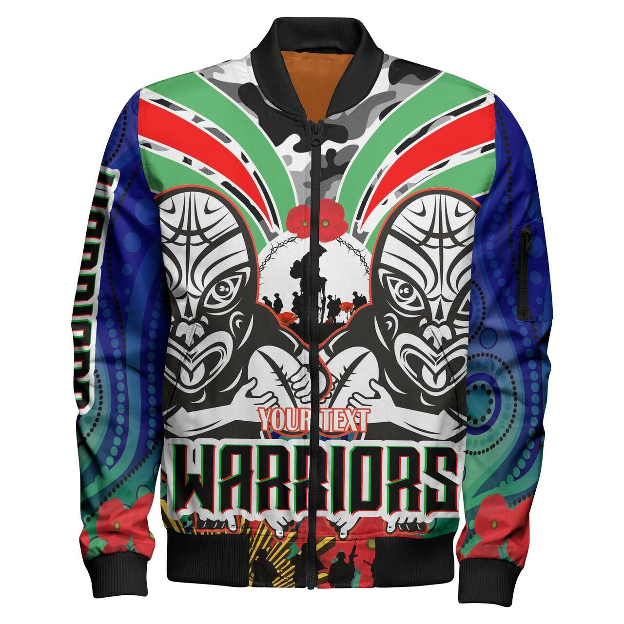 warrior-rugby-anzac-aboriginal-bomber-jacket-custom-new-zealand-warriors-anzac-day-with-maori-mask-bomber-jacket