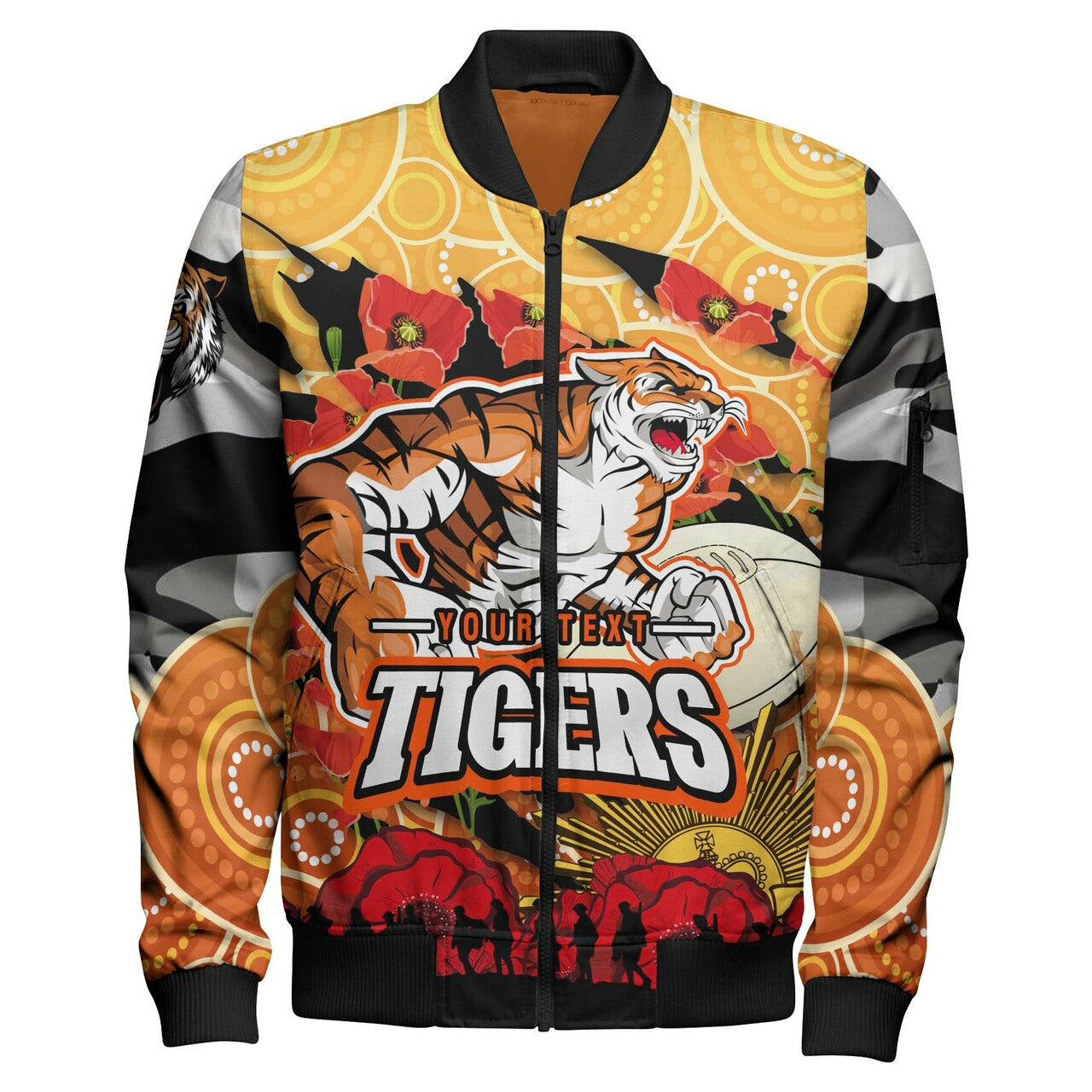 tigers-rugby-anzac-aboriginal-bomber-jacket-custom-tigers-rugby-with-remembrance-day-poppy-flower-bomber-jacket