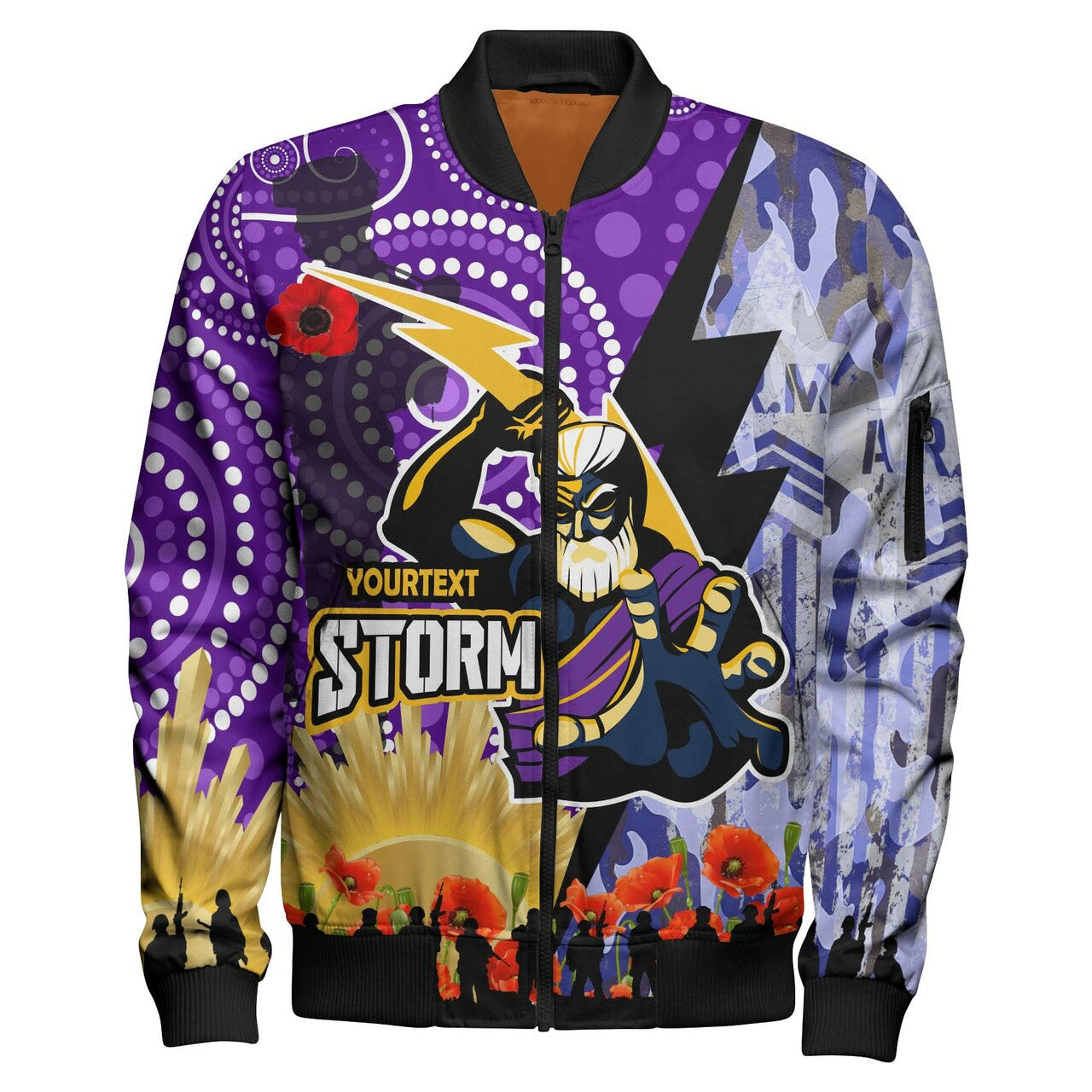 storm-rugby-anzac-aboriginal-bomber-jacket-custom-melbourne-storm-with-remembrance-day-poppy-flower-bomber-jacket