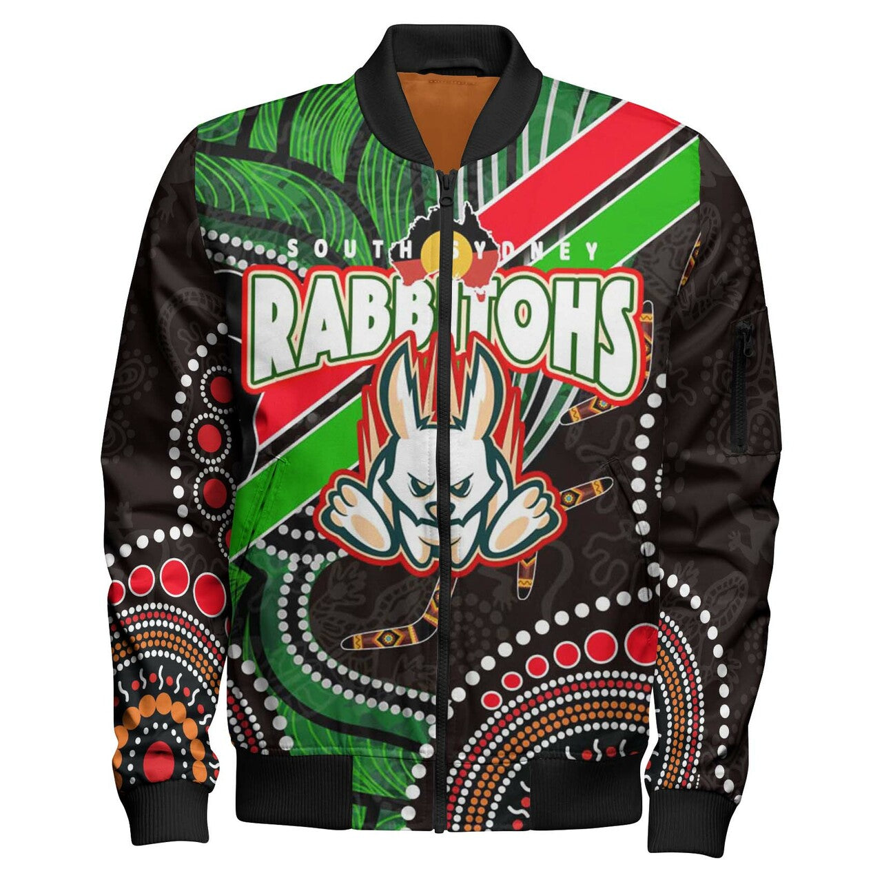 rabbitohs-rugby-anzac-aboriginal-bomber-jacket-rabbitohs-remembrance-day-with-poppy-flower-bomber-jacket