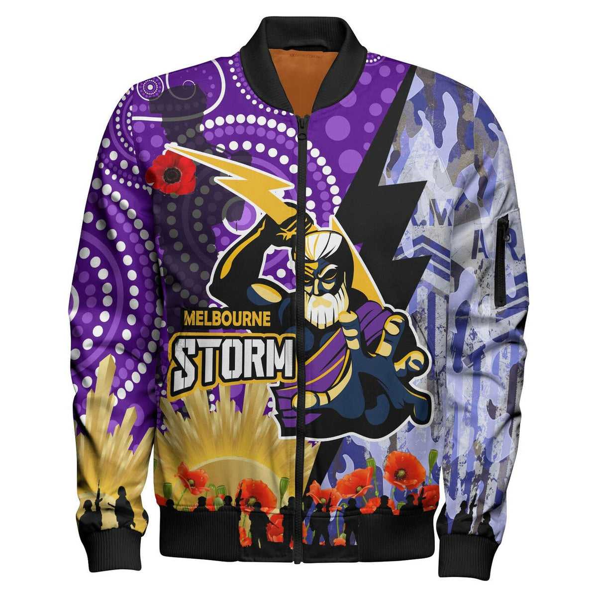 storm-rugby-anzac-aboriginal-bomber-jacket-custom-melbourne-storm-with-remembrance-day-poppy-flower-bomber-jacket