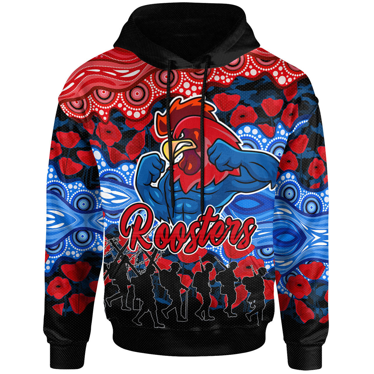 roosters-rugby-hoodie-custom-anzac-rooster-with-aboriginal-patterns-poppy-hoodie