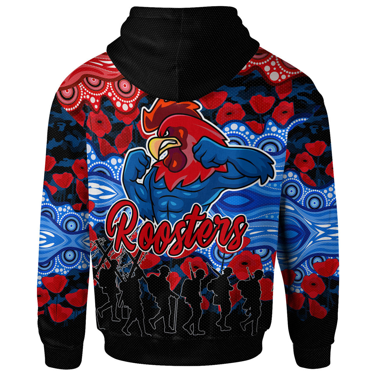 roosters-rugby-hoodie-custom-anzac-rooster-with-aboriginal-patterns-poppy-hoodie