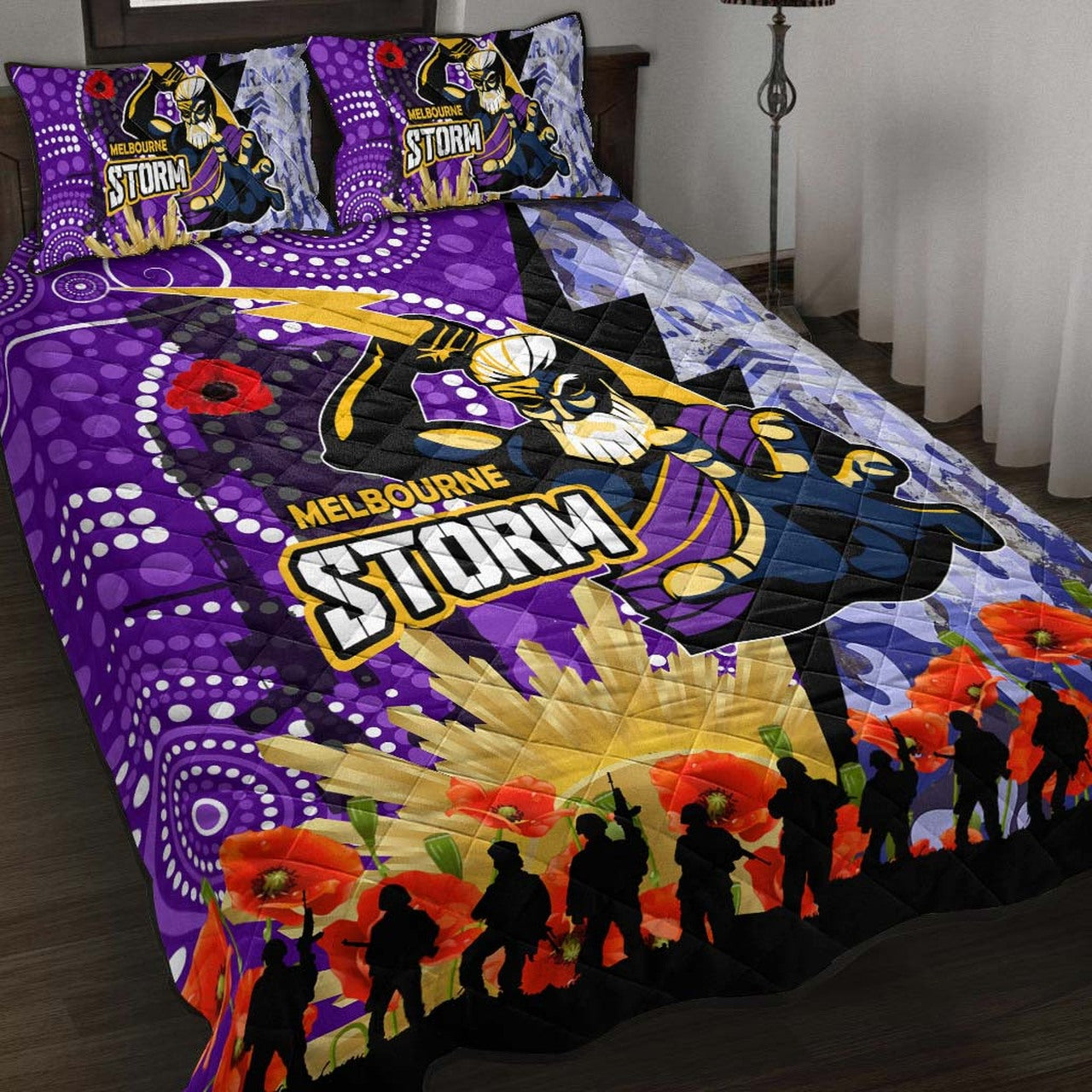 storm-rugby-anzac-aboriginal-quilt-bed-set-melbourne-storm-with-remembrance-day-poppy-flower-quilt-bed-set