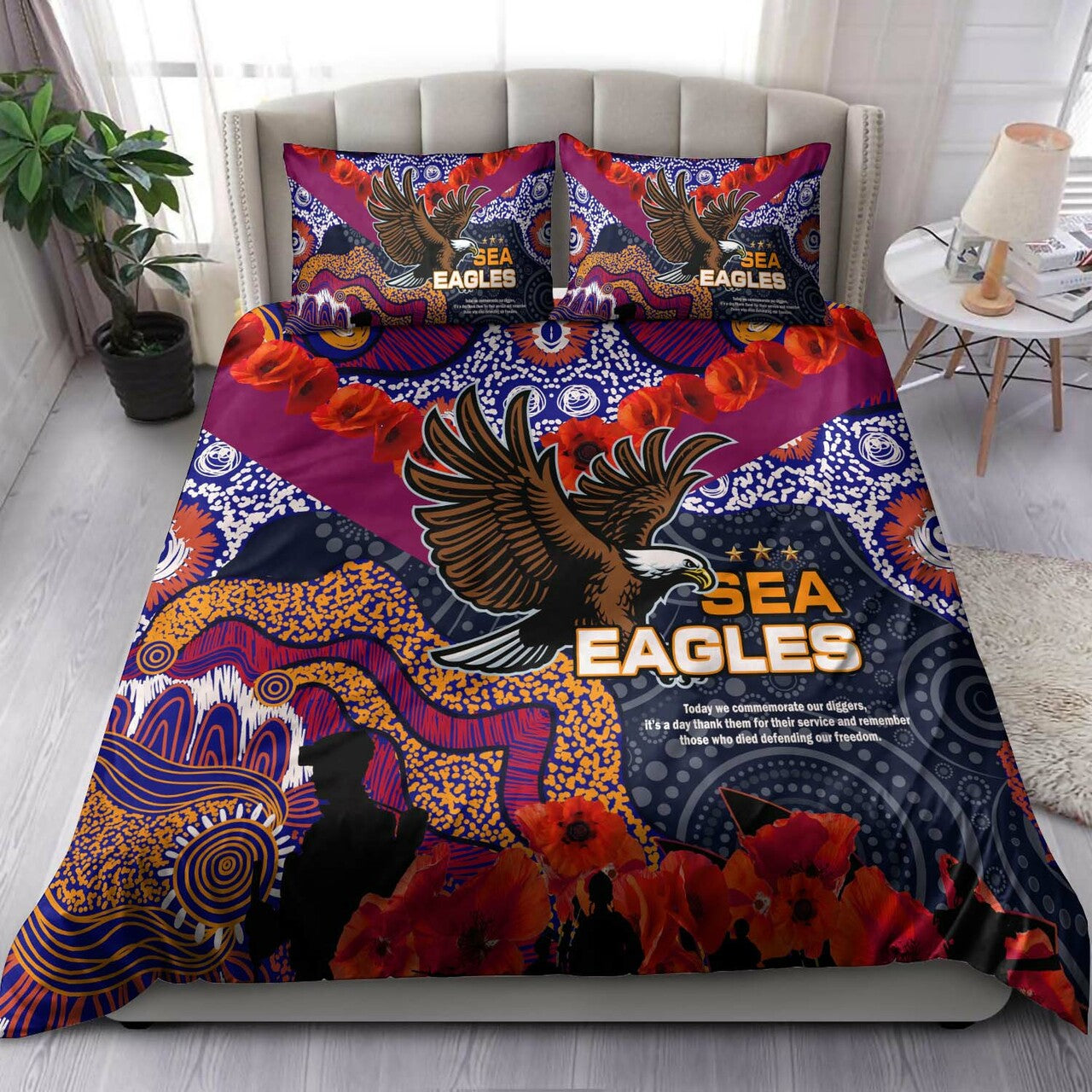 sea-eagles-rugby-anzac-aboriginal-bedding-set-manly-warringah-sea-eagles-with-anzac-day-poppy-flower-bedding-set