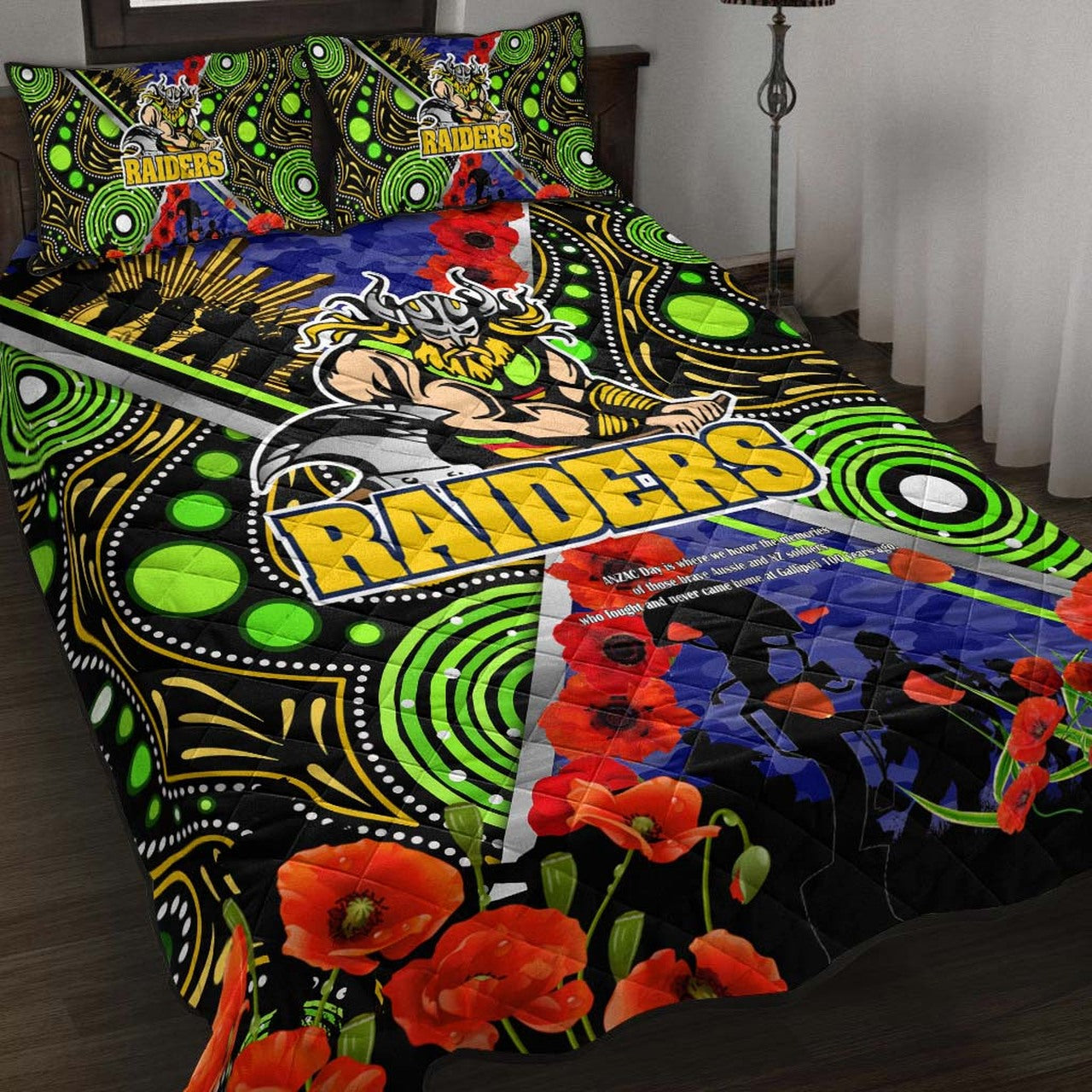 raiders-rugby-anzac-aboriginal-quilt-bed-set-canberra-raiders-with-anzac-day-poppy-flower-quilt-bed-set