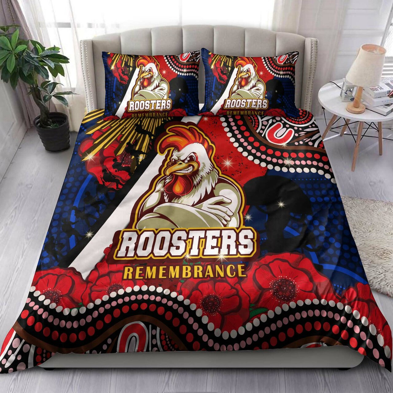 roosters-rugby-anzac-aboriginal-bedding-set-sydney-roosters-with-remembrance-day-poppy-flower-bedding-set