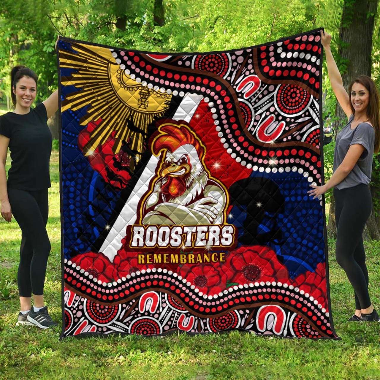 roosters-rugby-anzac-aboriginal-quilt-sydney-roosters-with-remembrance-day-poppy-flower-quilt